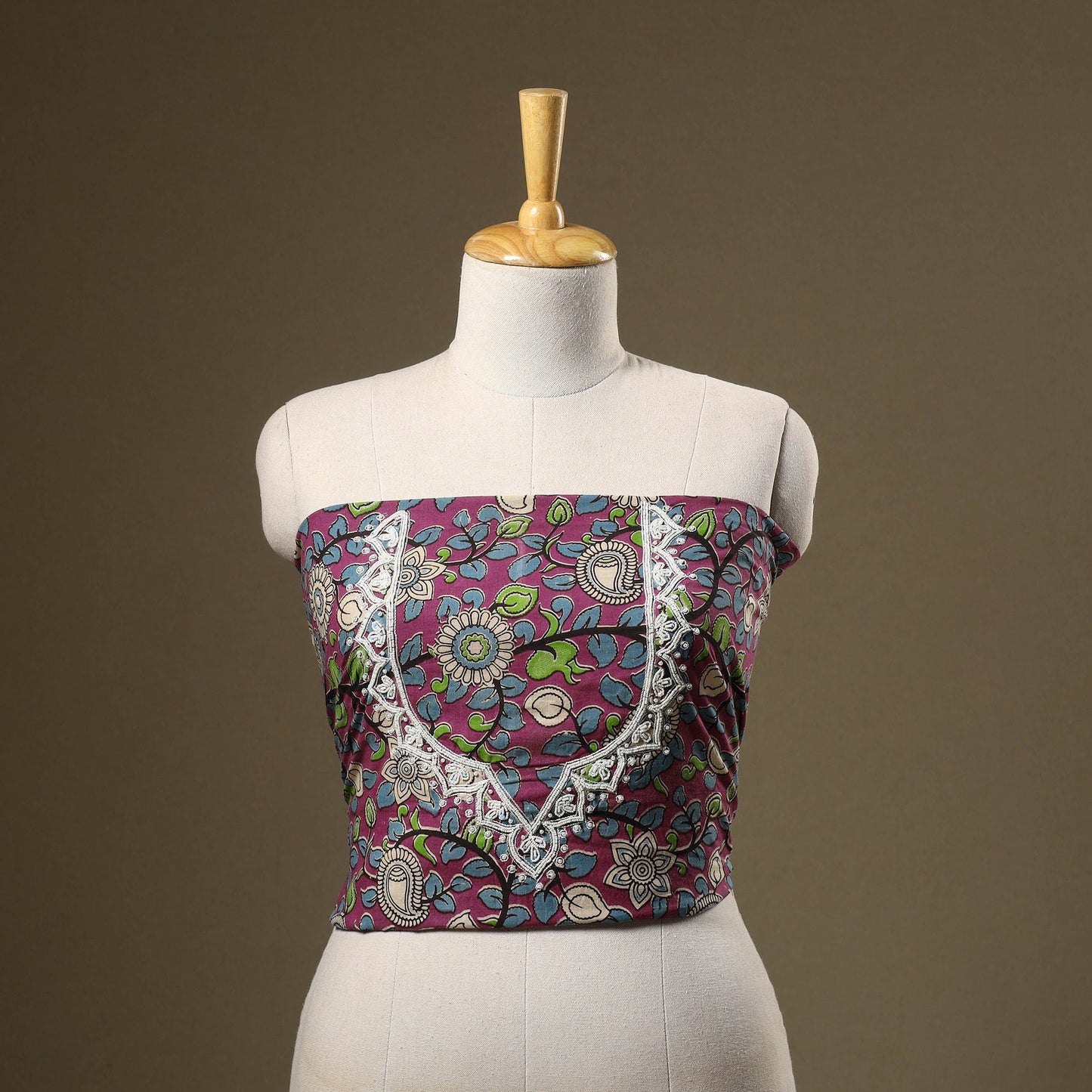 Pink Kalamkari Print Hand Embroidery Cotton Blouse Piece