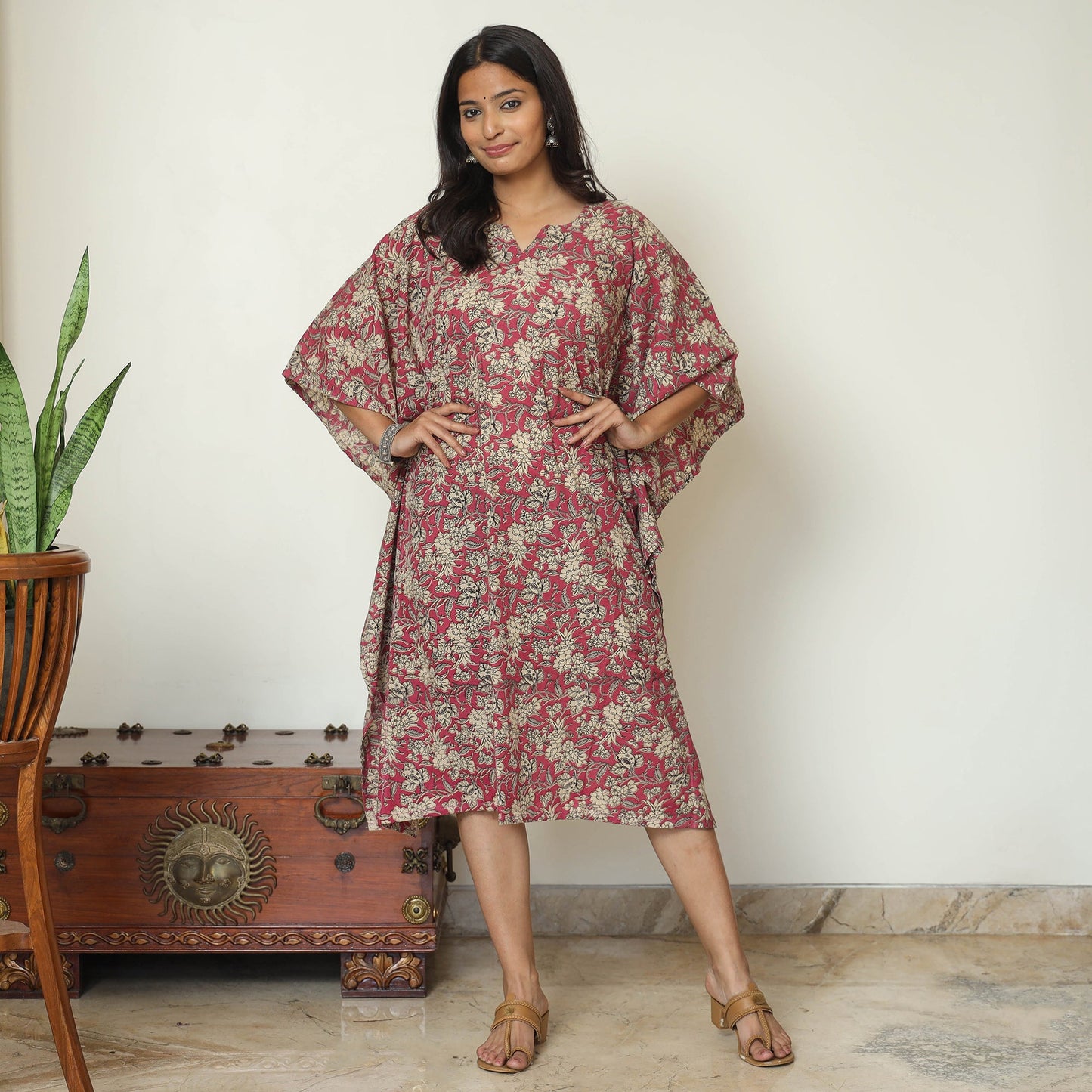 Pink - Kalamkari Printed Cotton Kaftan Kurta For Women
