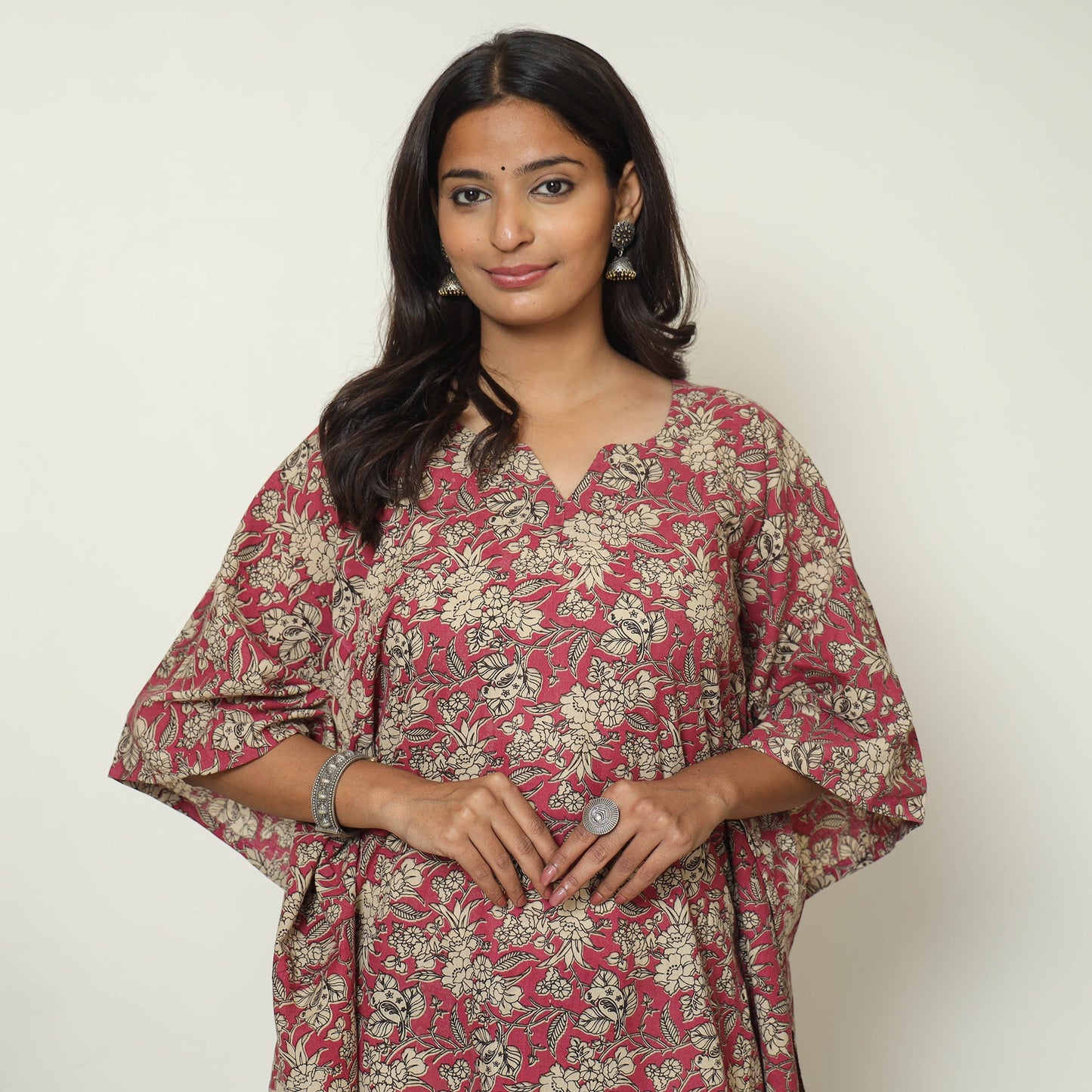Pink - Kalamkari Printed Cotton Kaftan Kurta For Women