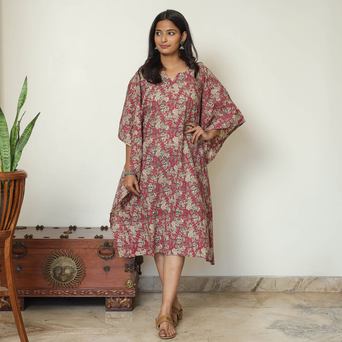 Pink - Kalamkari Printed Cotton Kaftan Kurta For Women
