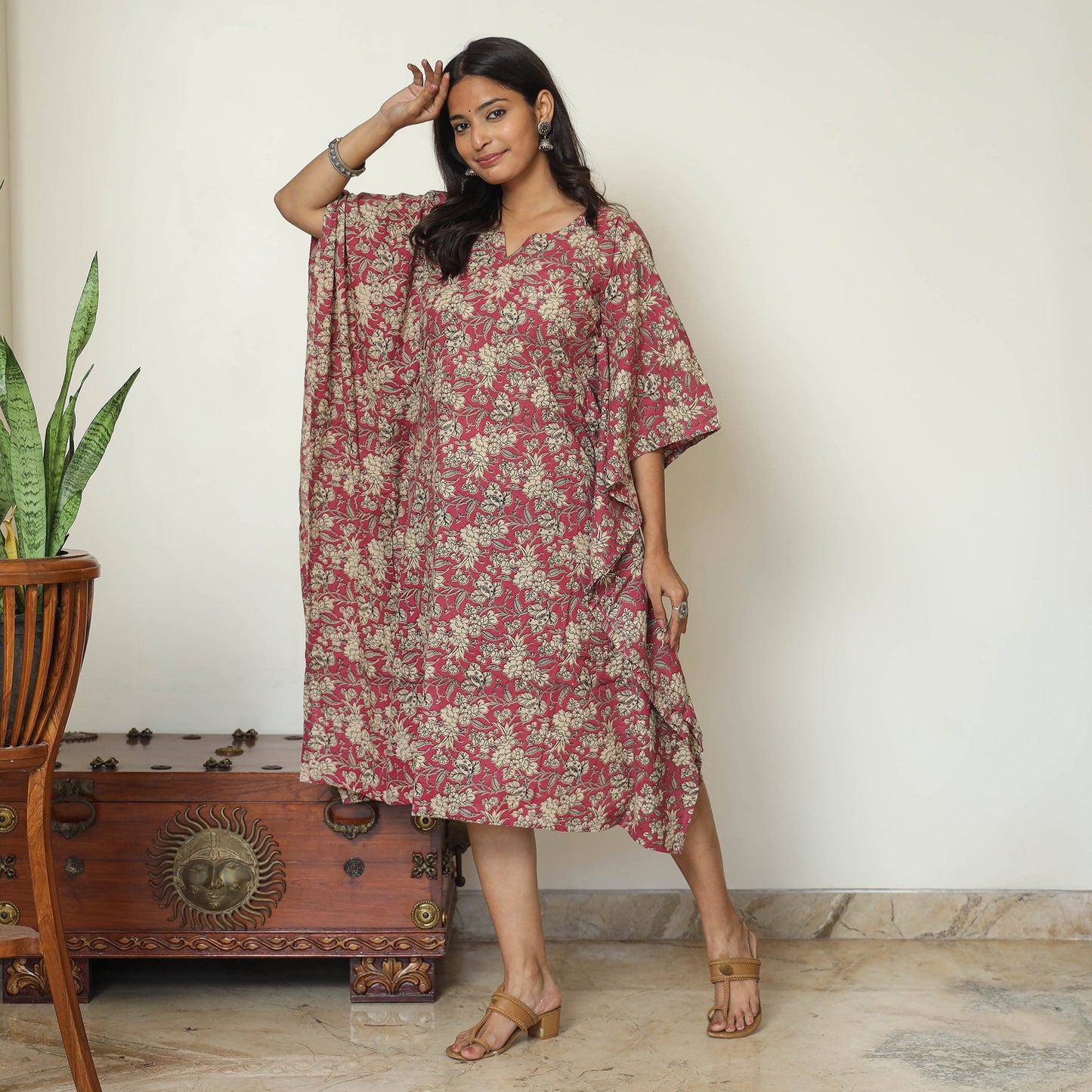Pink - Kalamkari Printed Cotton Kaftan Kurta For Women