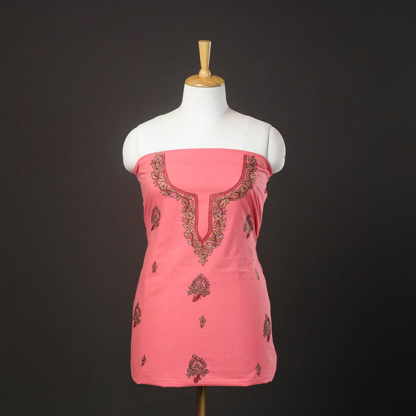 Pink Kashida Hand Embroidery Cotton Kurta Material