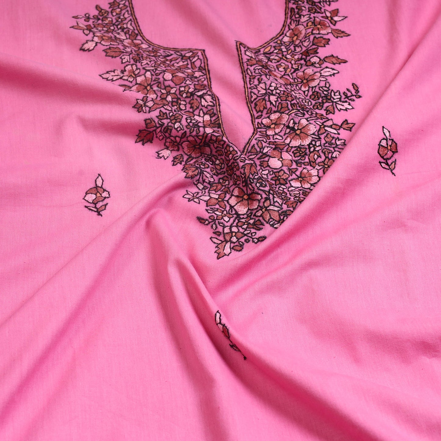 Pink Kashida Hand Embroidery Cotton Kurta Material