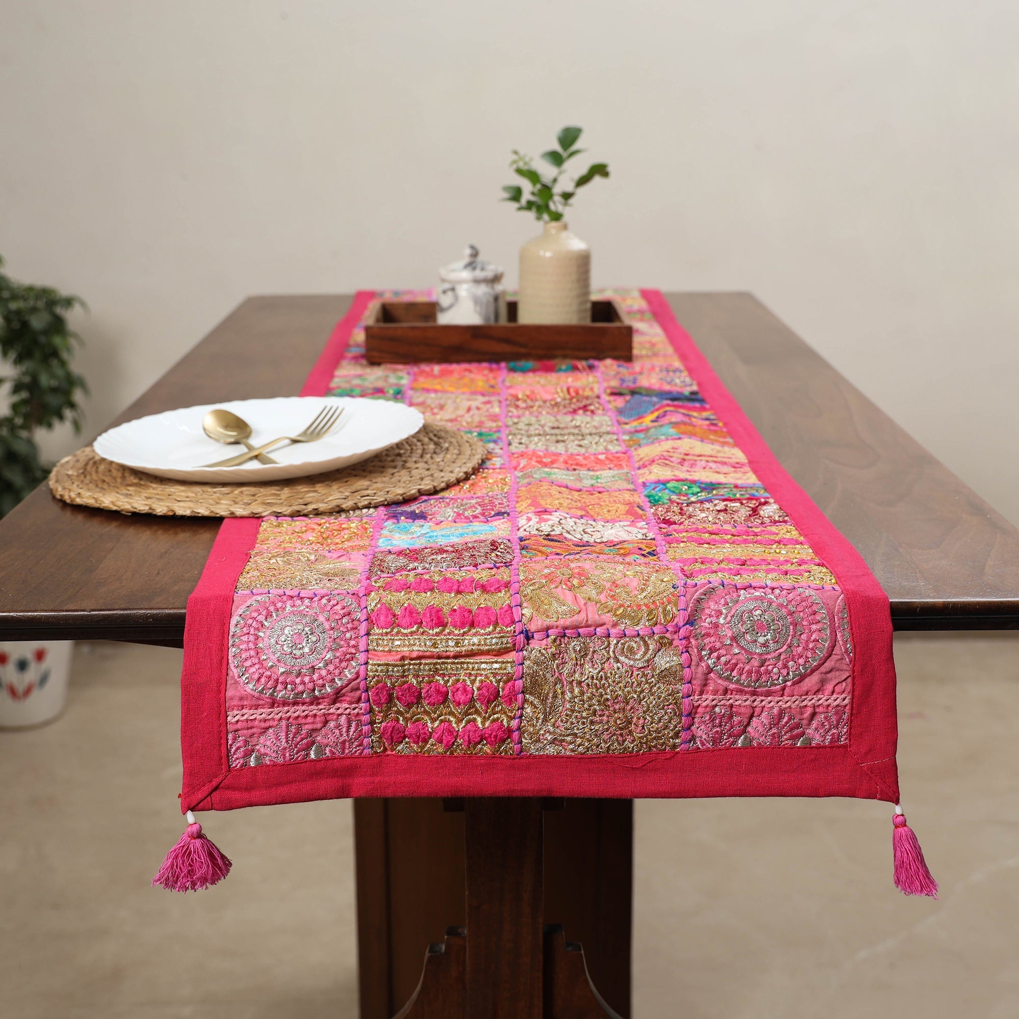 Green Khambadiya Patchwork Runner Authentic Indian Handloom