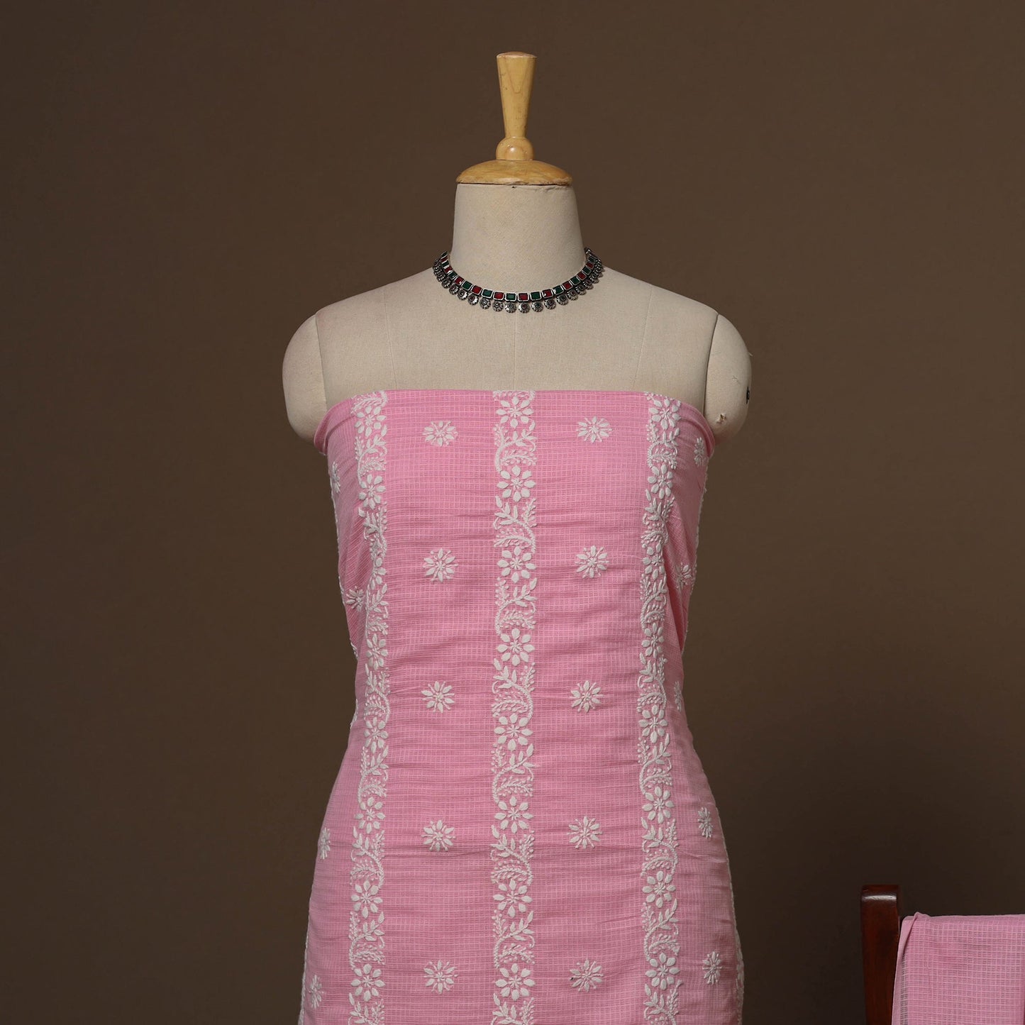Pink - kota doria cotton chikankari hand embroidered 2pc