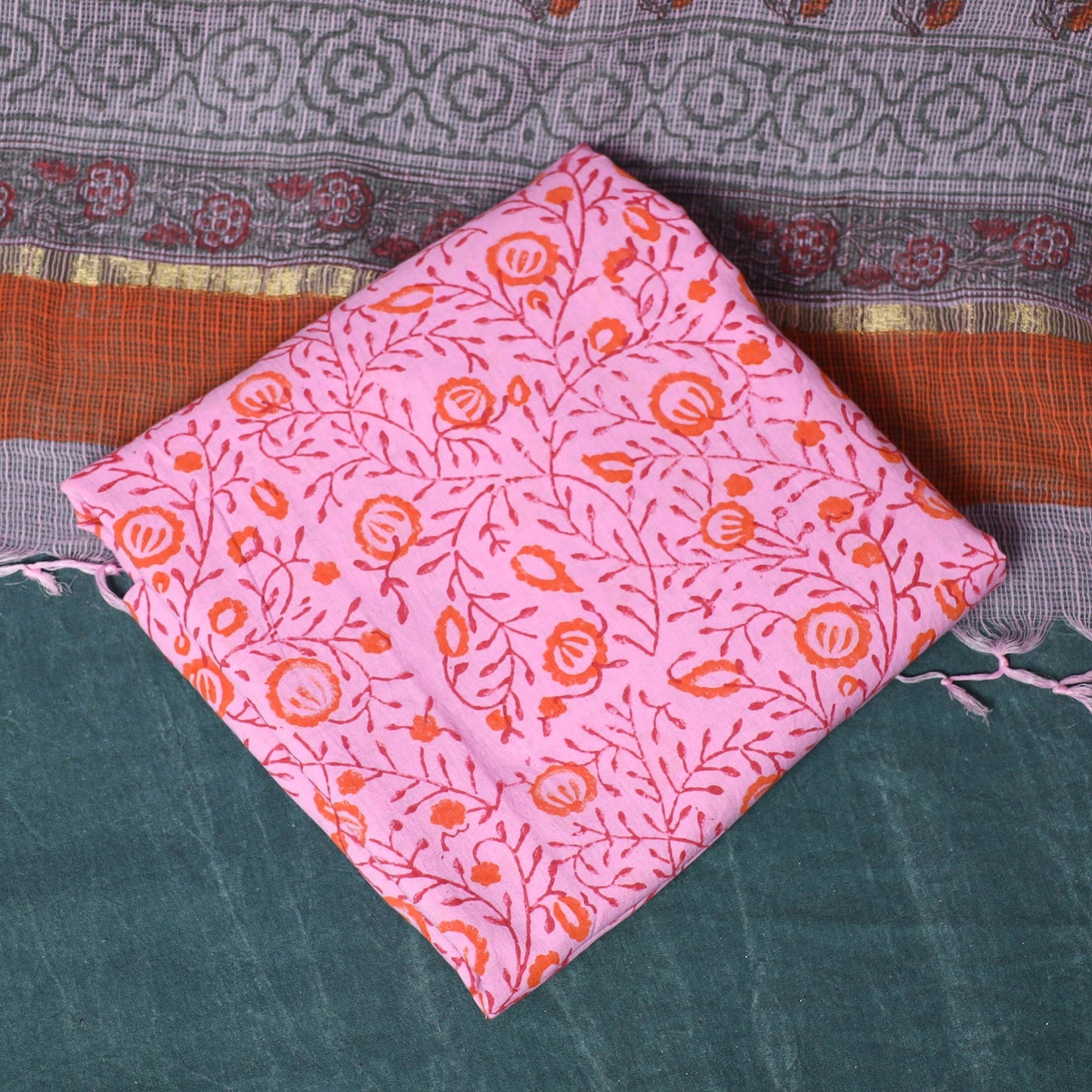 Kota doria cotton hand block sanganeri print 3pc unstitched