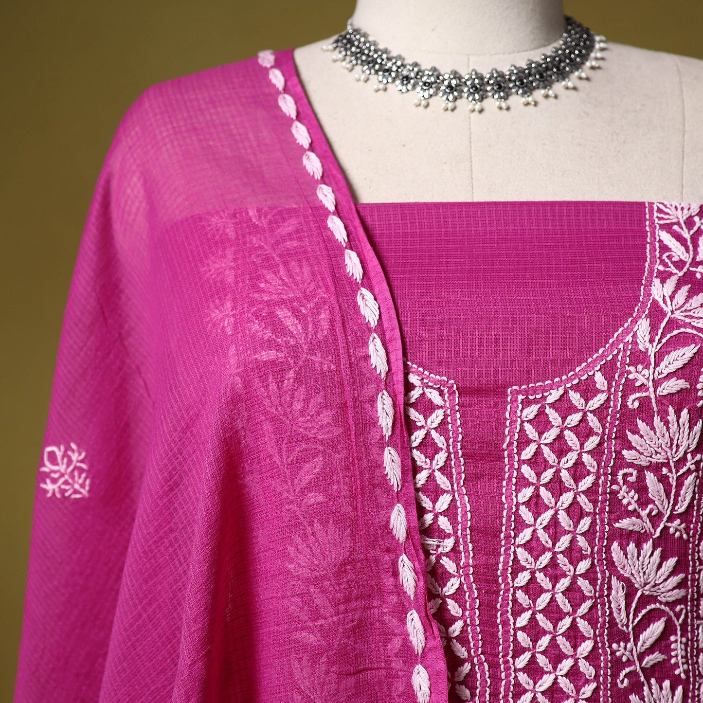 Pink - kota doria cotton lucknow chikankari 2pc unstitched