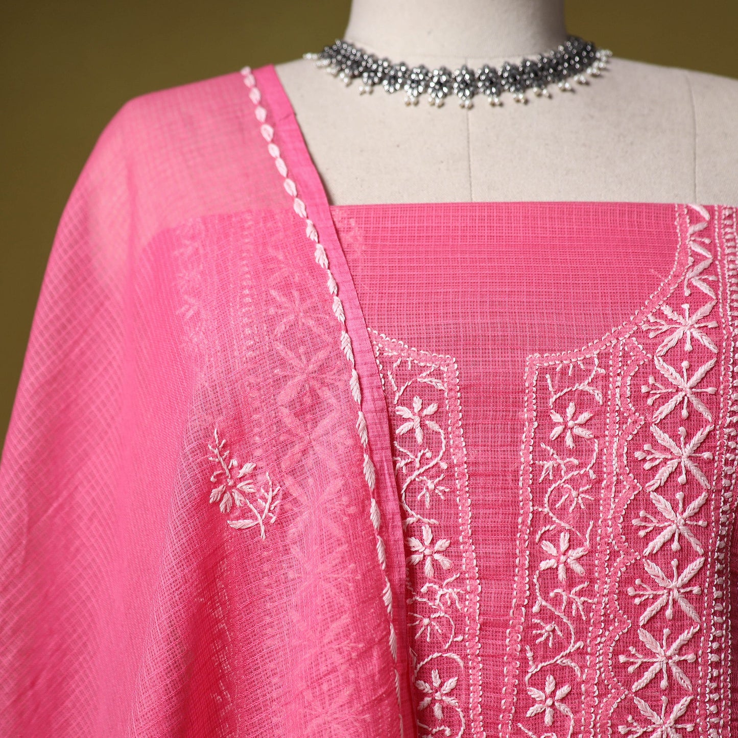 Pink - kota doria cotton lucknow chikankari 2pc unstitched