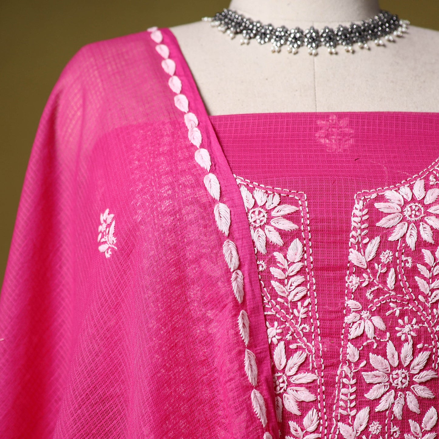 Pink - kota doria cotton lucknow chikankari 2pc unstitched