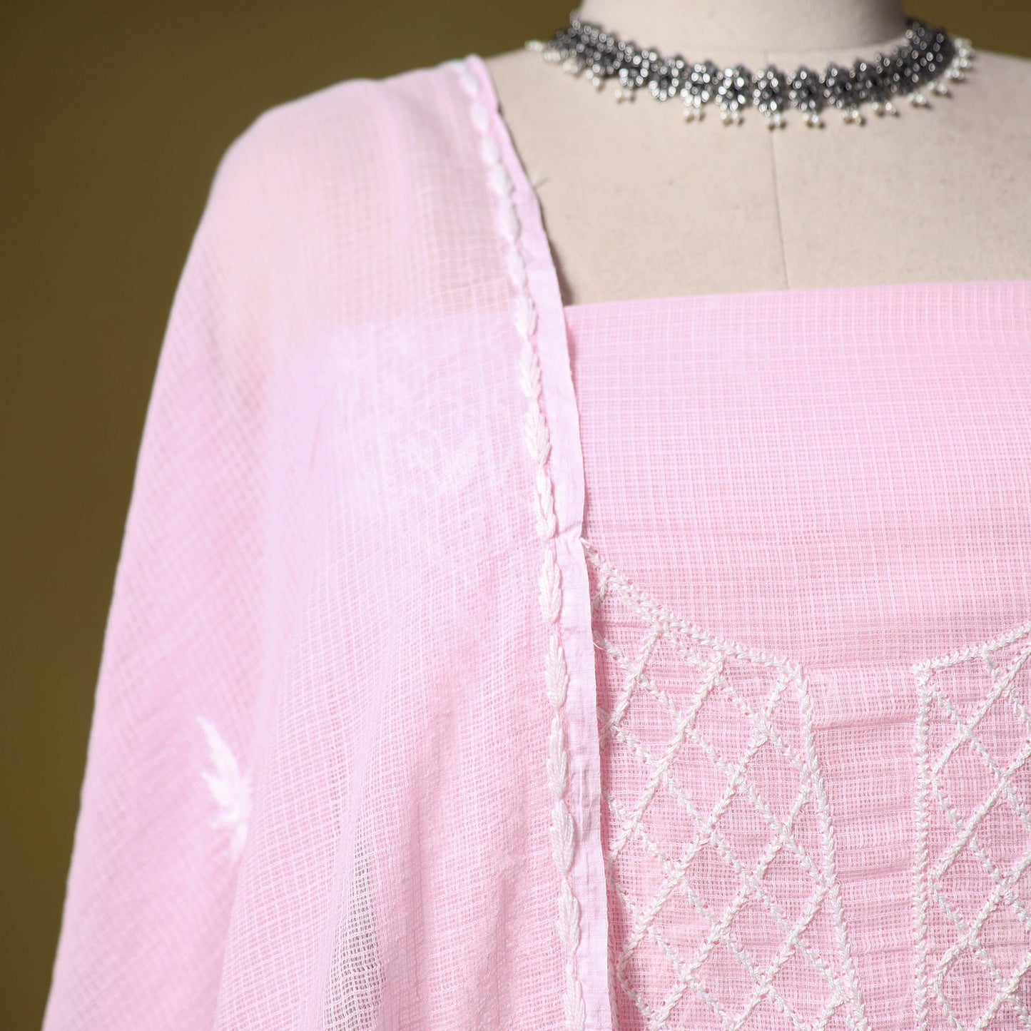 Pink - kota doria cotton lucknow chikankari 2pc unstitched