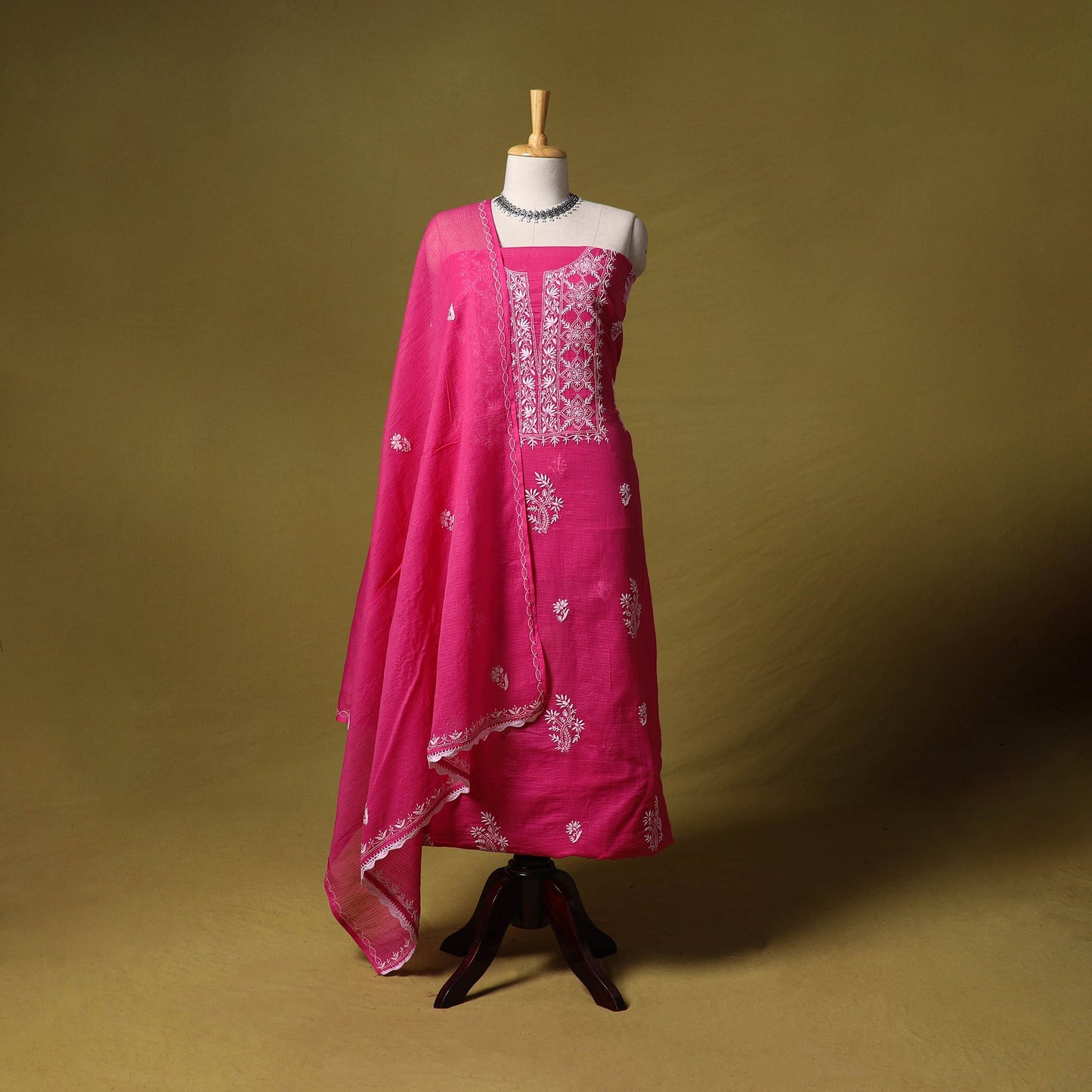 Pink - kota doria cotton lucknow chikankari 2pc unstitched