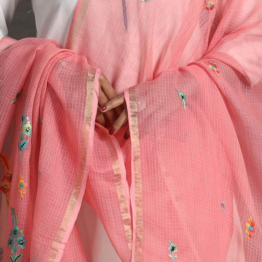 Pink - kota doria silk cotton kashida embroidery dupatta 61