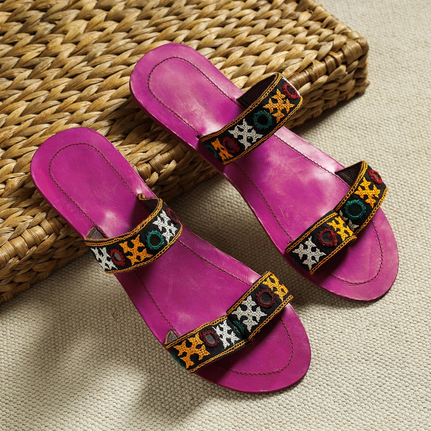 Pink Kutch Embroidery Handstitched Leather Flat Slippers