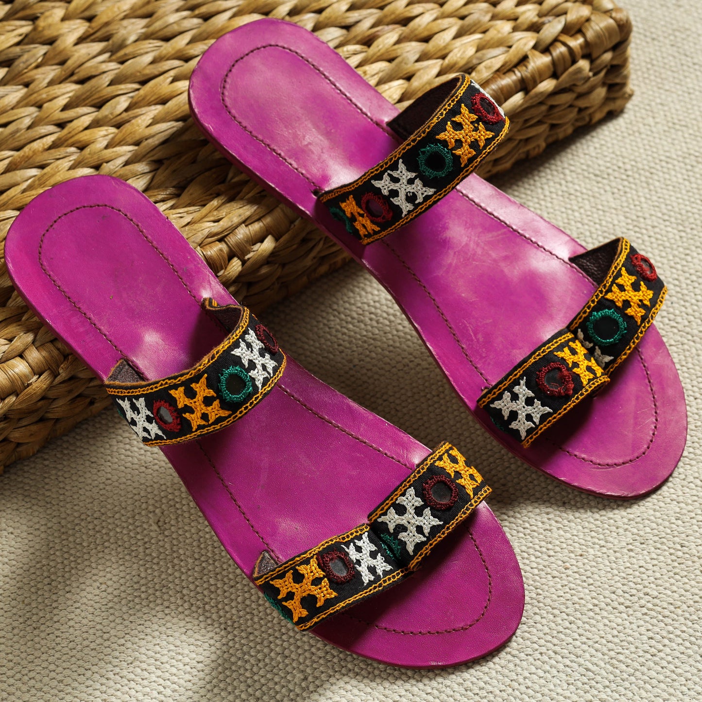 Pink Kutch Embroidery Handstitched Leather Flat Slippers