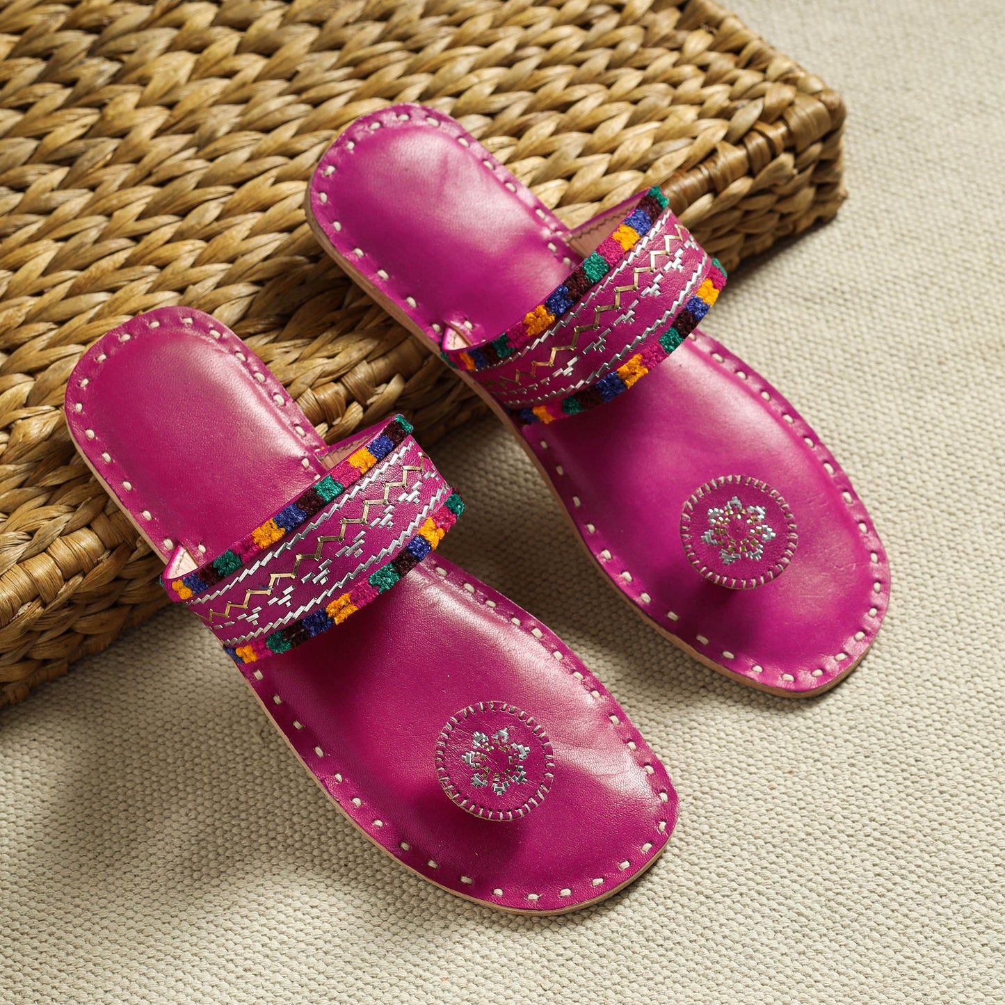 Pink Kutch Embroidery Handstitched Leather Flat Slippers