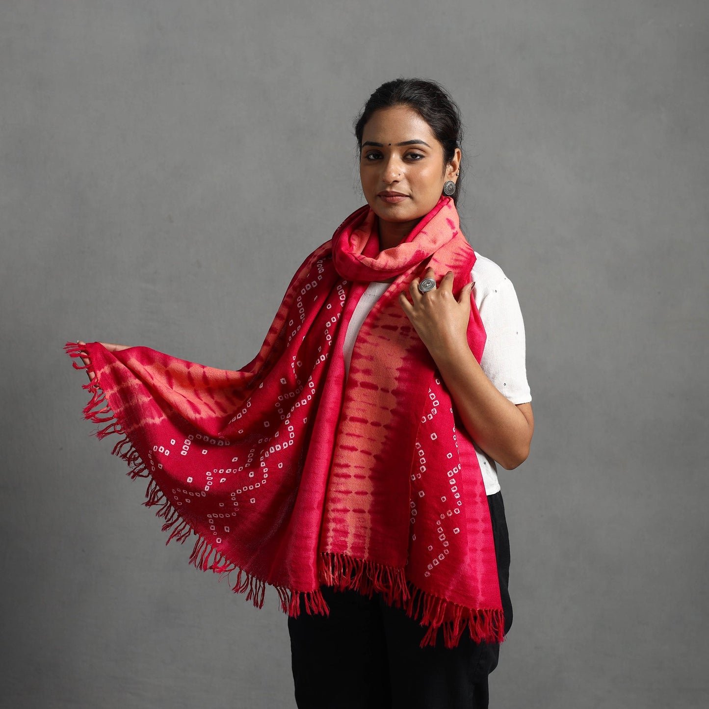 Pink - kutch handwoven woolen shibori & bandhani stole 35