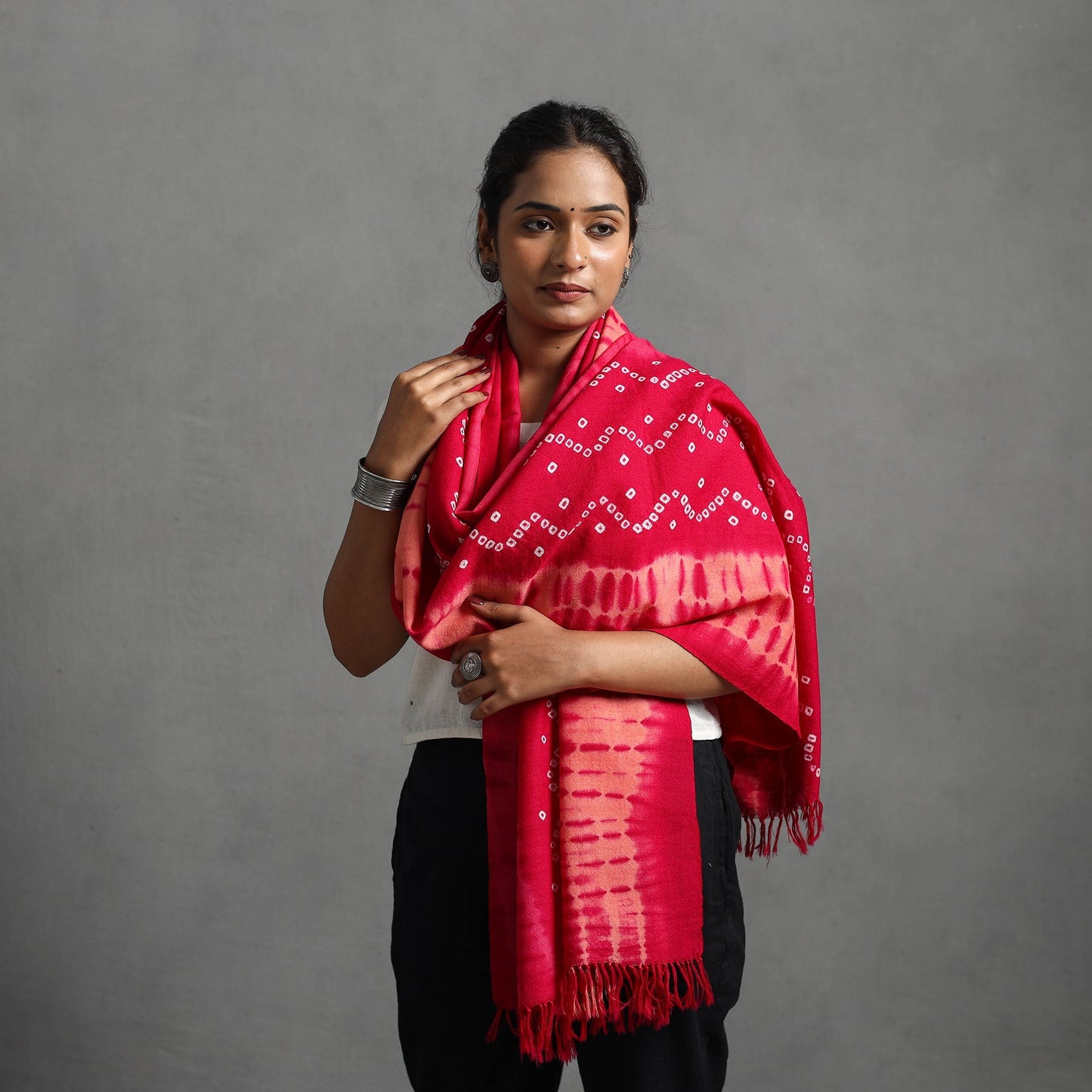 Pink - kutch handwoven woolen shibori & bandhani stole 35