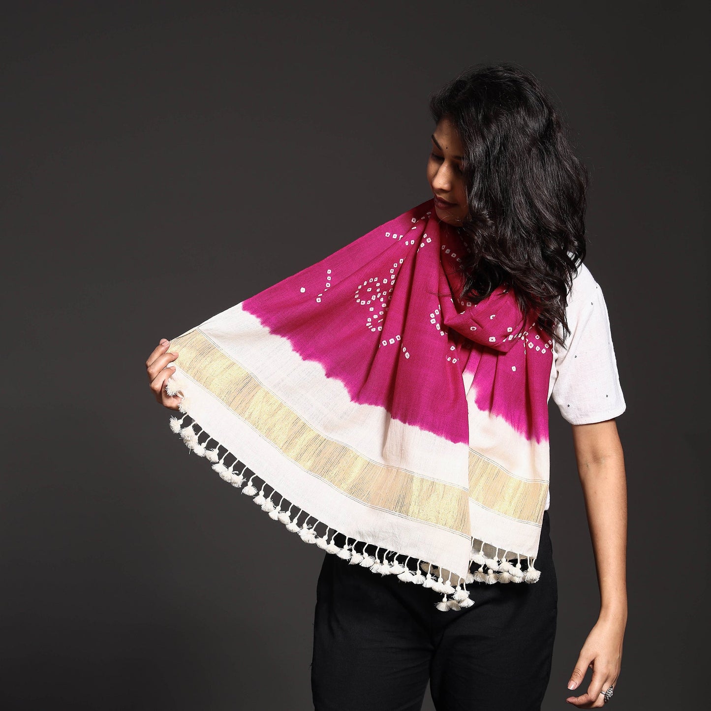 Pink - Kutch Handwoven Tie & Dye Merino Wool Bandhani Stole