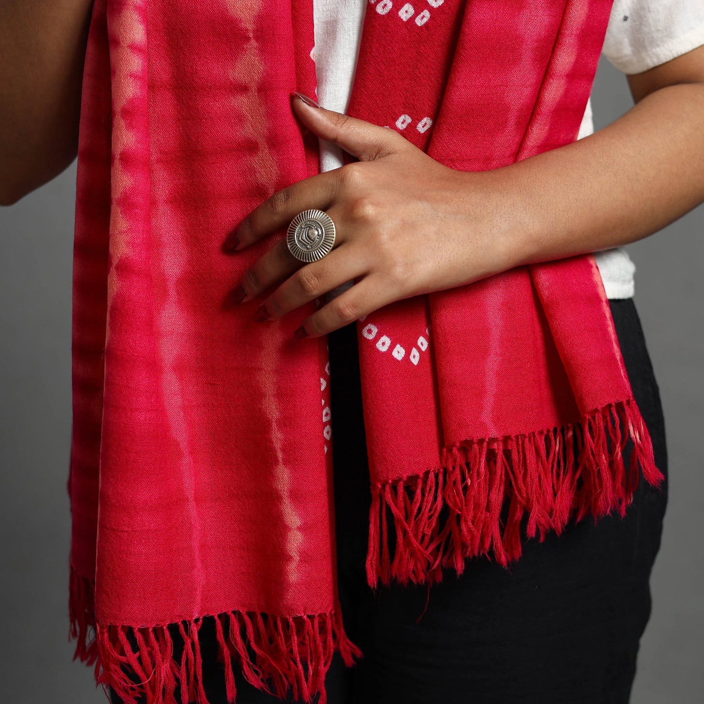 Pink - kutch handwoven woolen shibori & bandhani stole 30