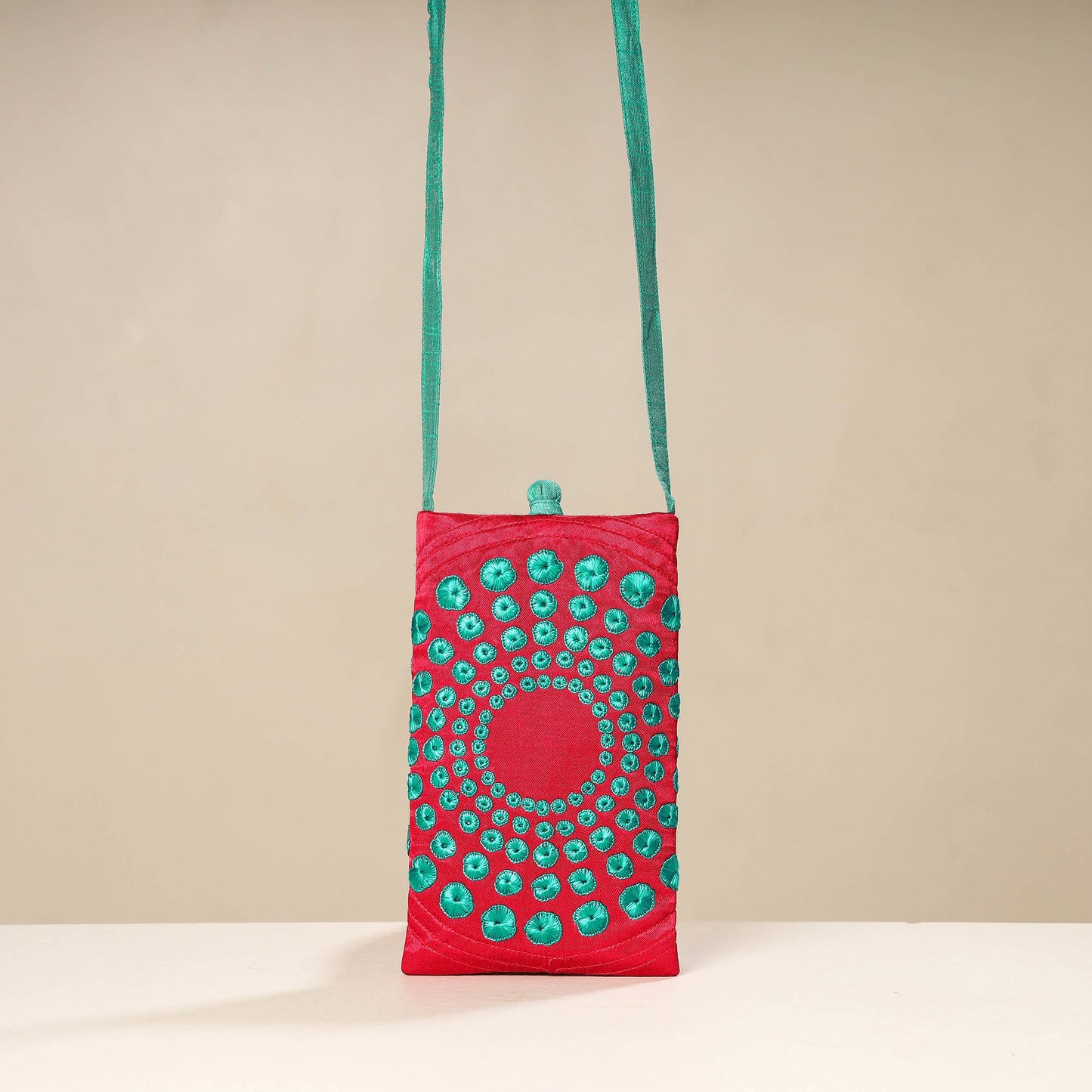 Pink Kutch Tappo Embroidery Mashru Silk Mobile Sling Bag