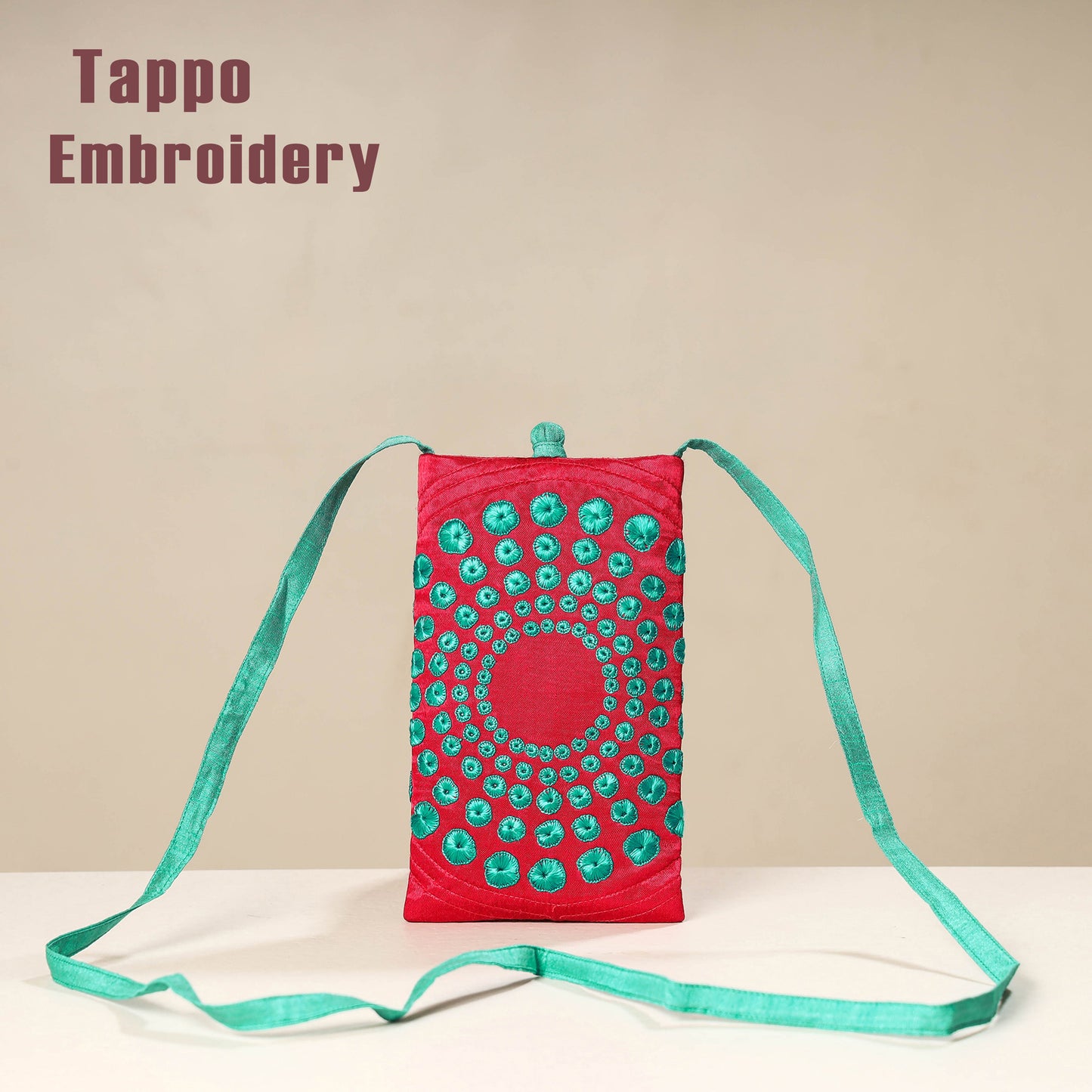 Pink Kutch Tappo Embroidery Mashru Silk Mobile Sling Bag