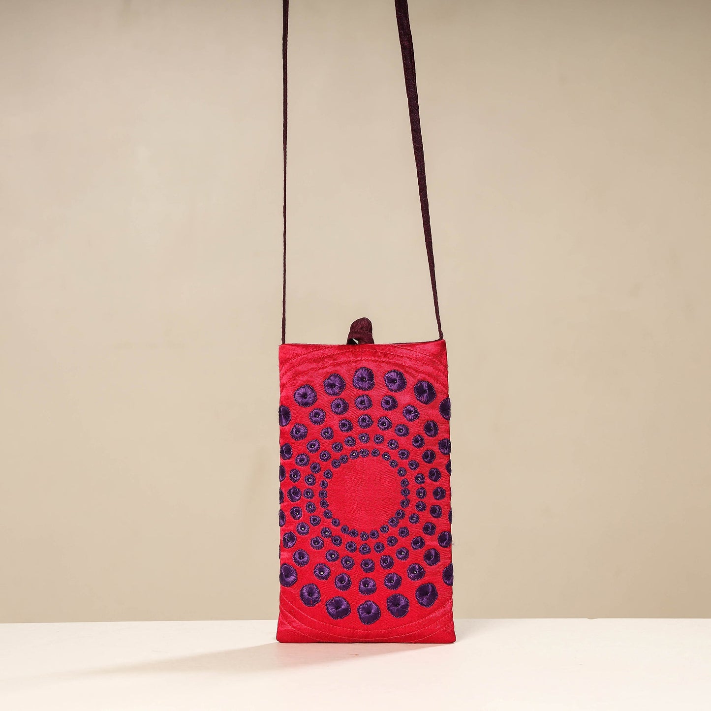 Pink Kutch Tappo Embroidery Mashru Silk Mobile Sling Bag