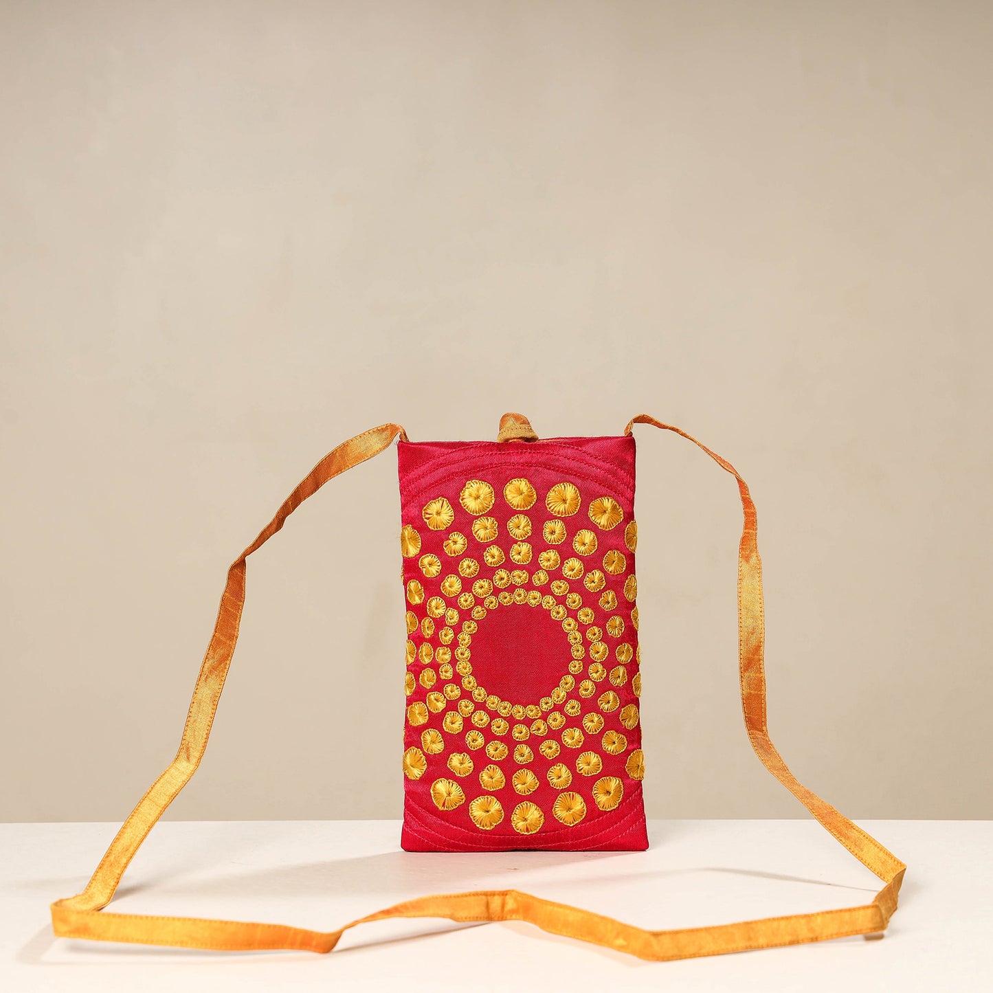 Pink Kutch Tappo Embroidery Mashru Silk Mobile Sling Bag