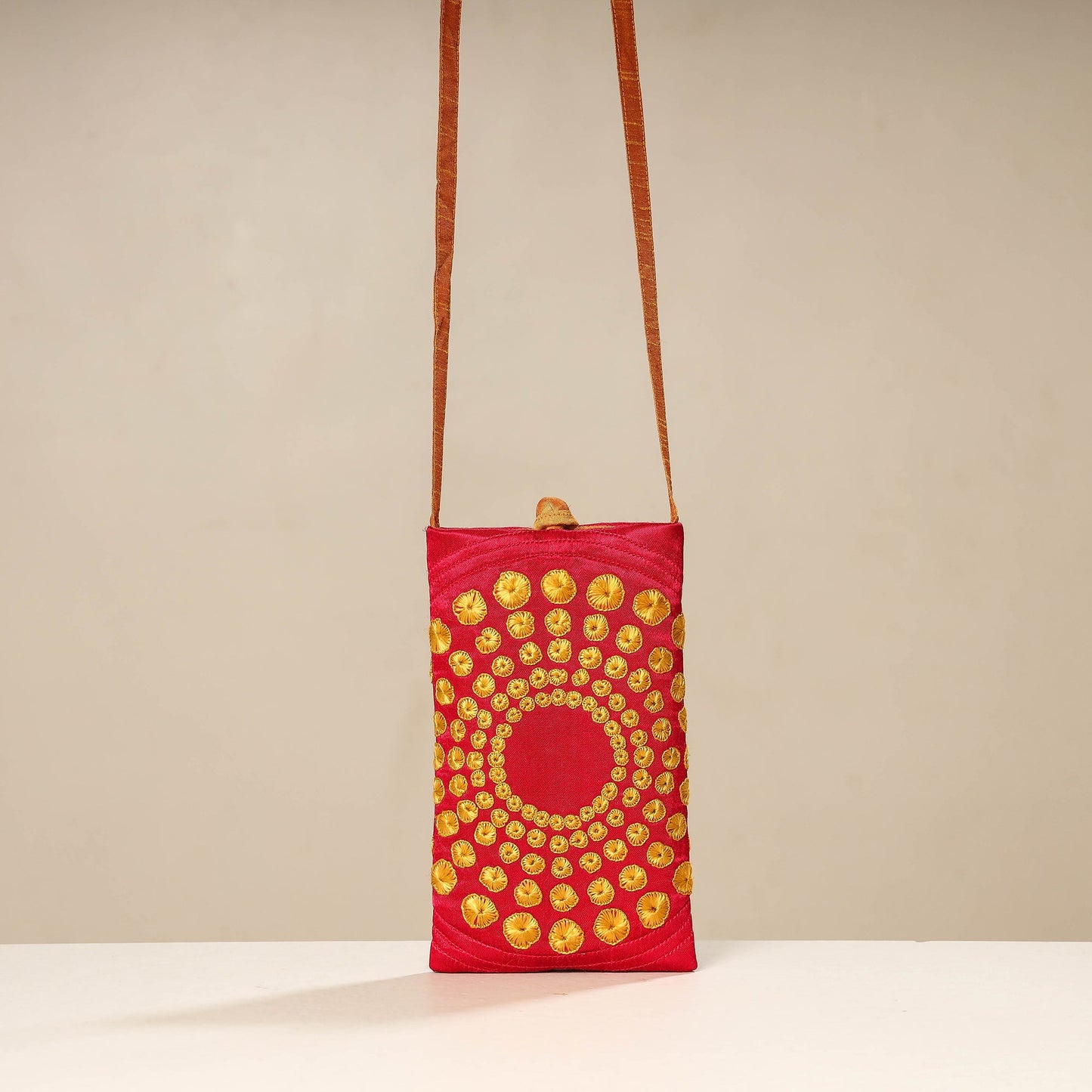 Pink Kutch Tappo Embroidery Mashru Silk Mobile Sling Bag