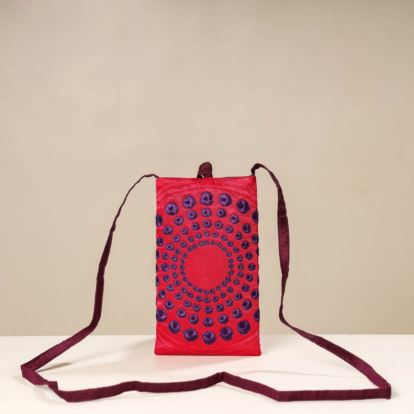 Pink Kutch Tappo Embroidery Mashru Silk Mobile Sling Bag