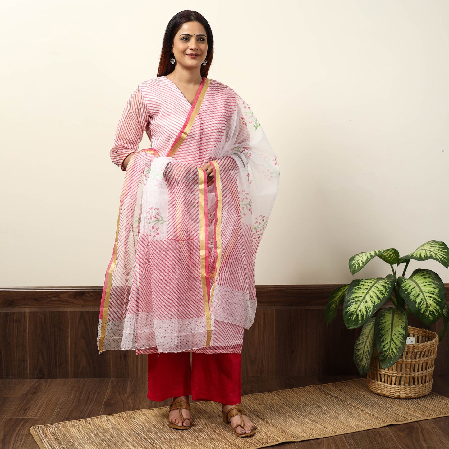Pink - leheriya printed kota doria kurta with palazzo &