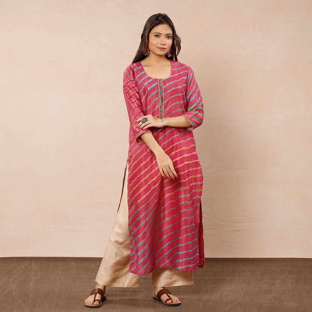 Buy Leheriya Tie-Dye Chanderi Silk Long Kurta for Women