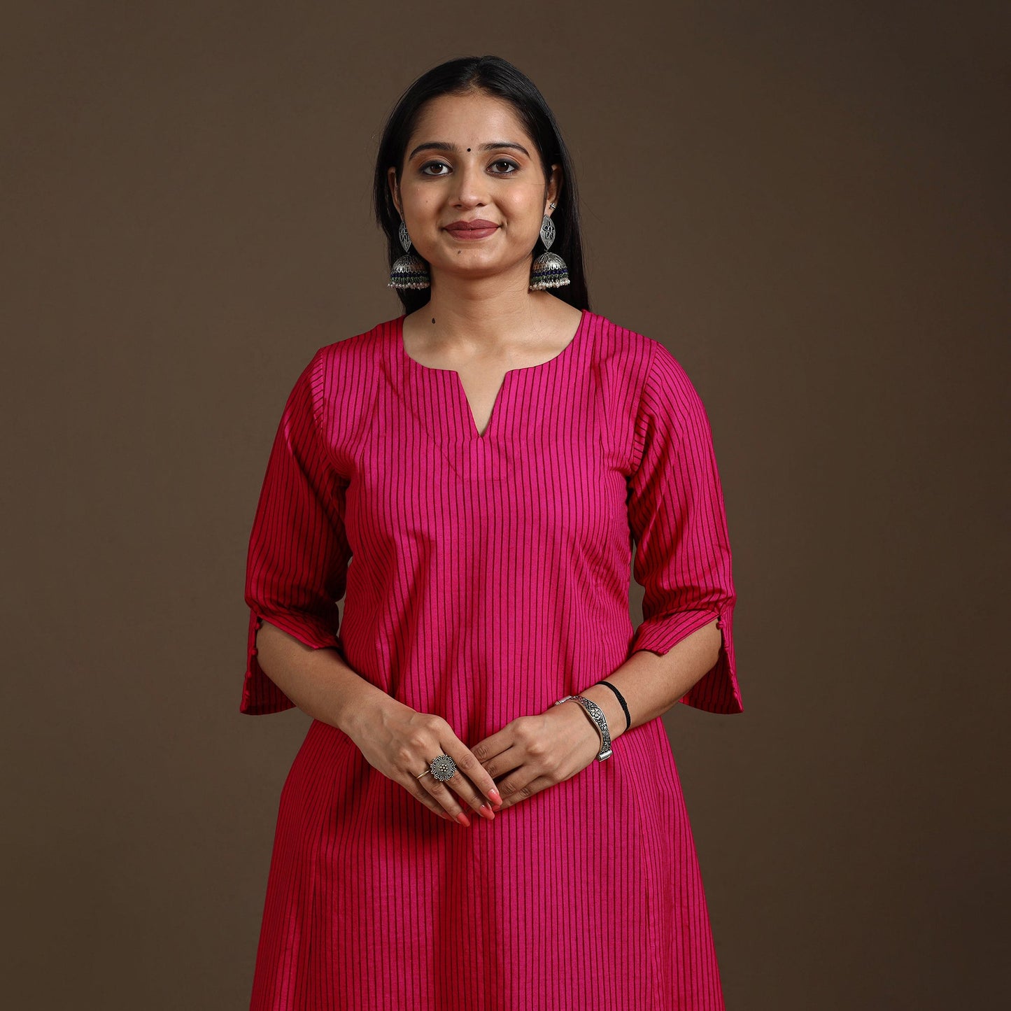 Pink A-Line Cotton Jacquard Kurta