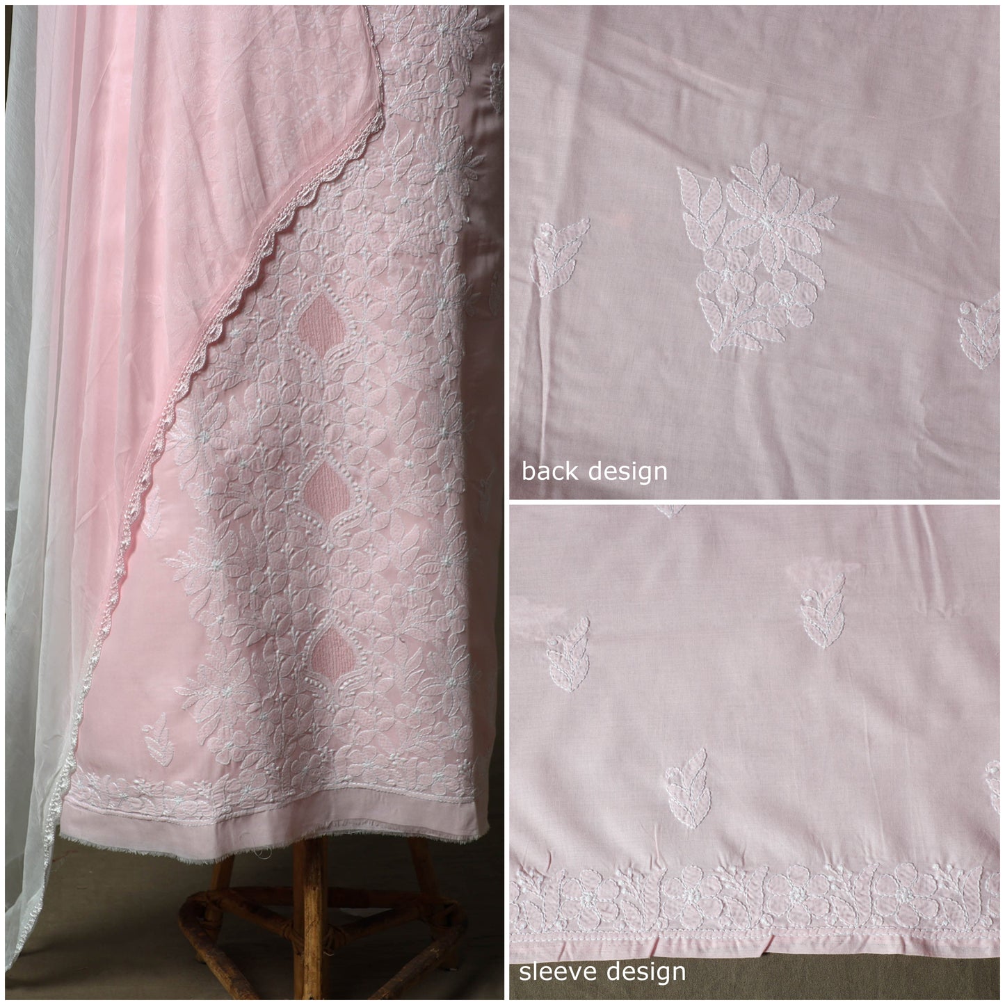Pink - lucknowi hand embroidered cotton chikankari 3pc
