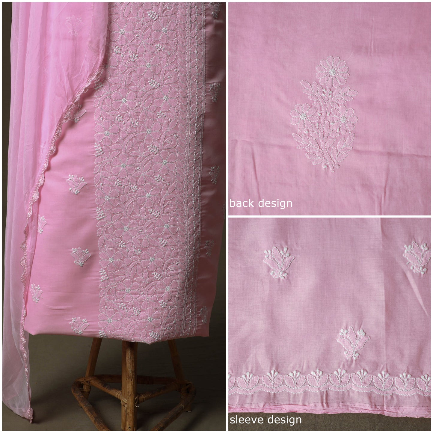 Pink - lucknowi hand embroidered cotton chikankari 3pc