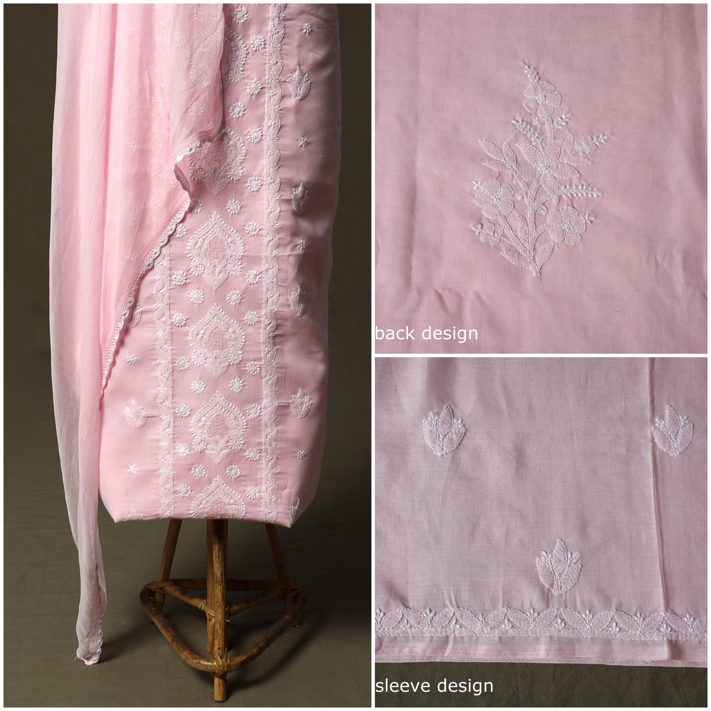 Pink - lucknowi hand embroidered cotton chikankari 3pc