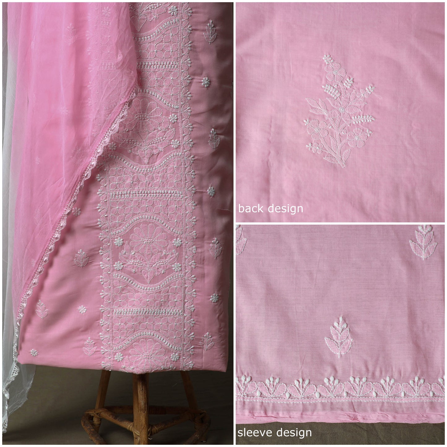 Pink - lucknowi hand embroidered cotton chikankari 3pc