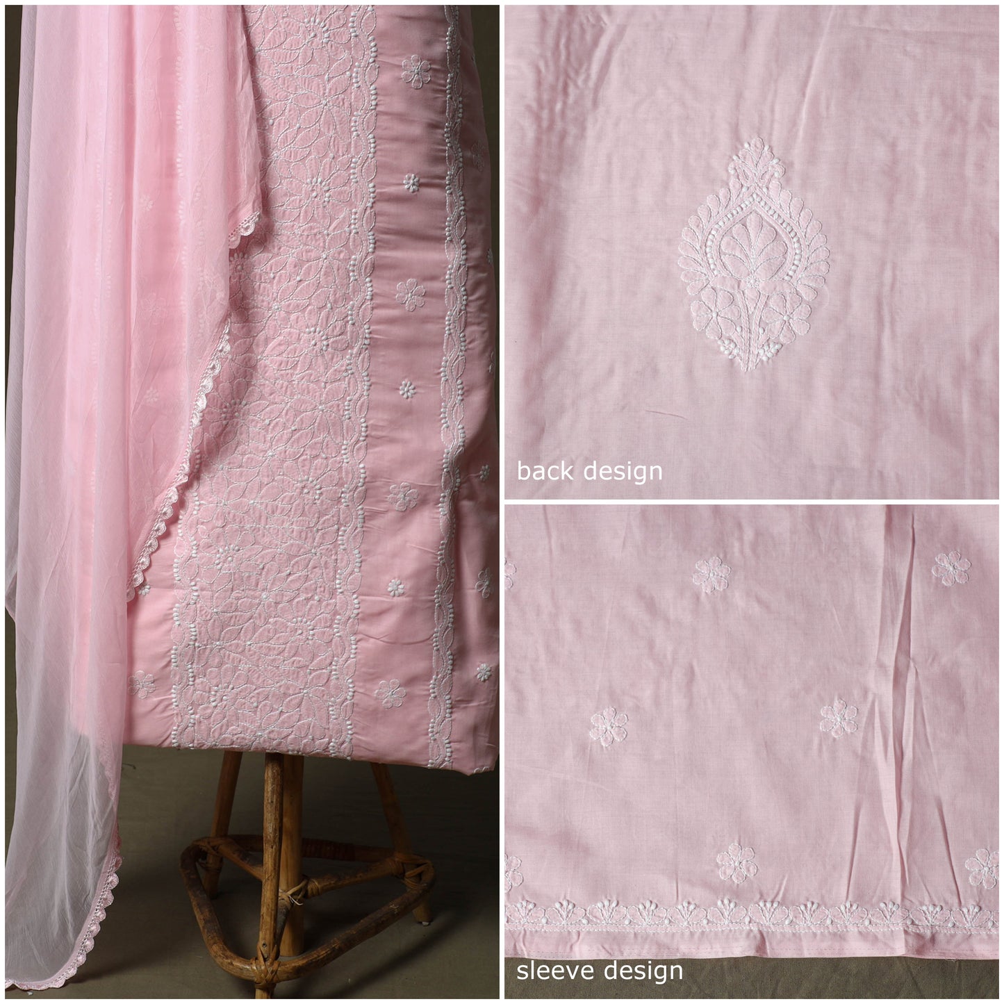 Pink - lucknowi hand embroidered cotton chikankari 3pc