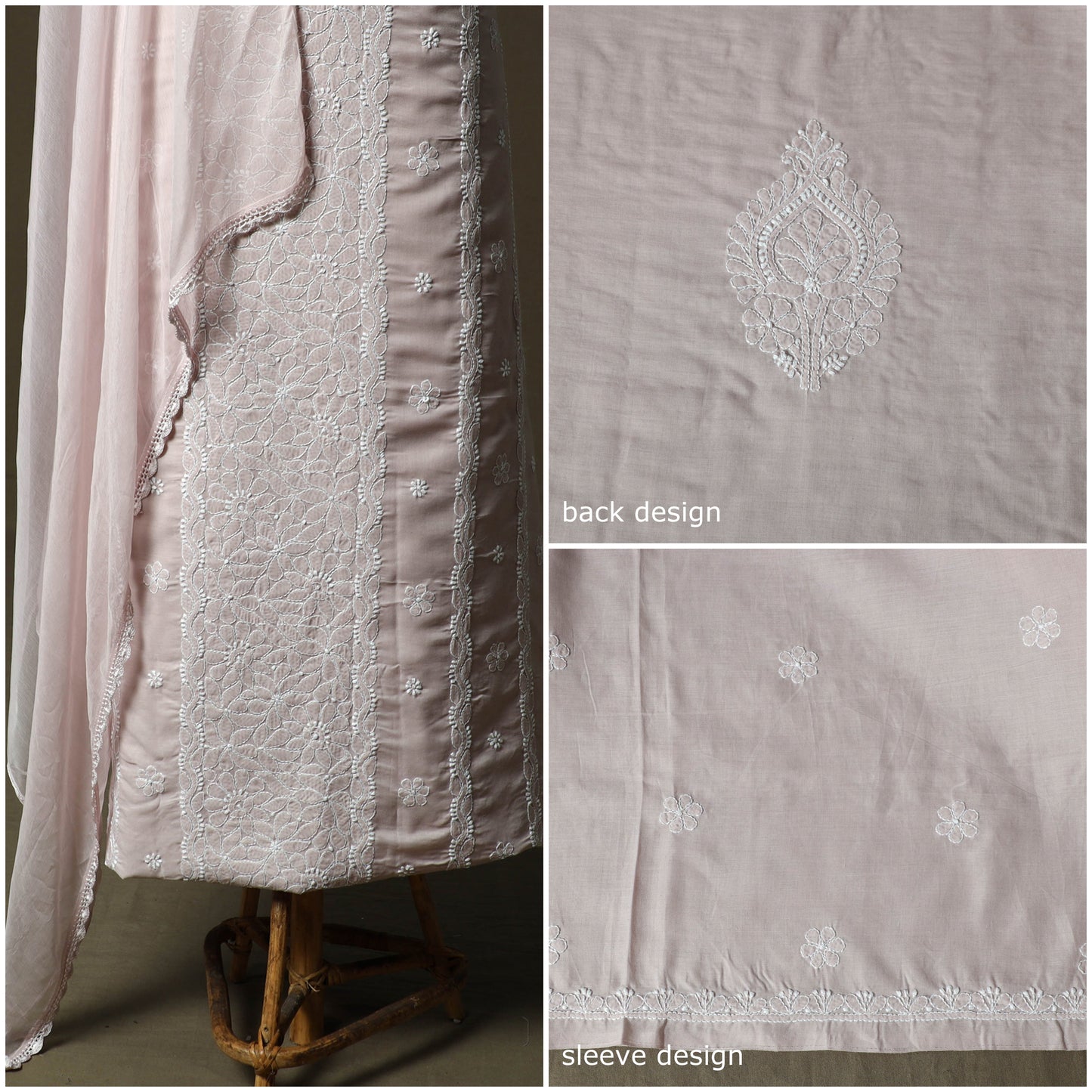 Pink - lucknowi hand embroidered cotton chikankari 3pc