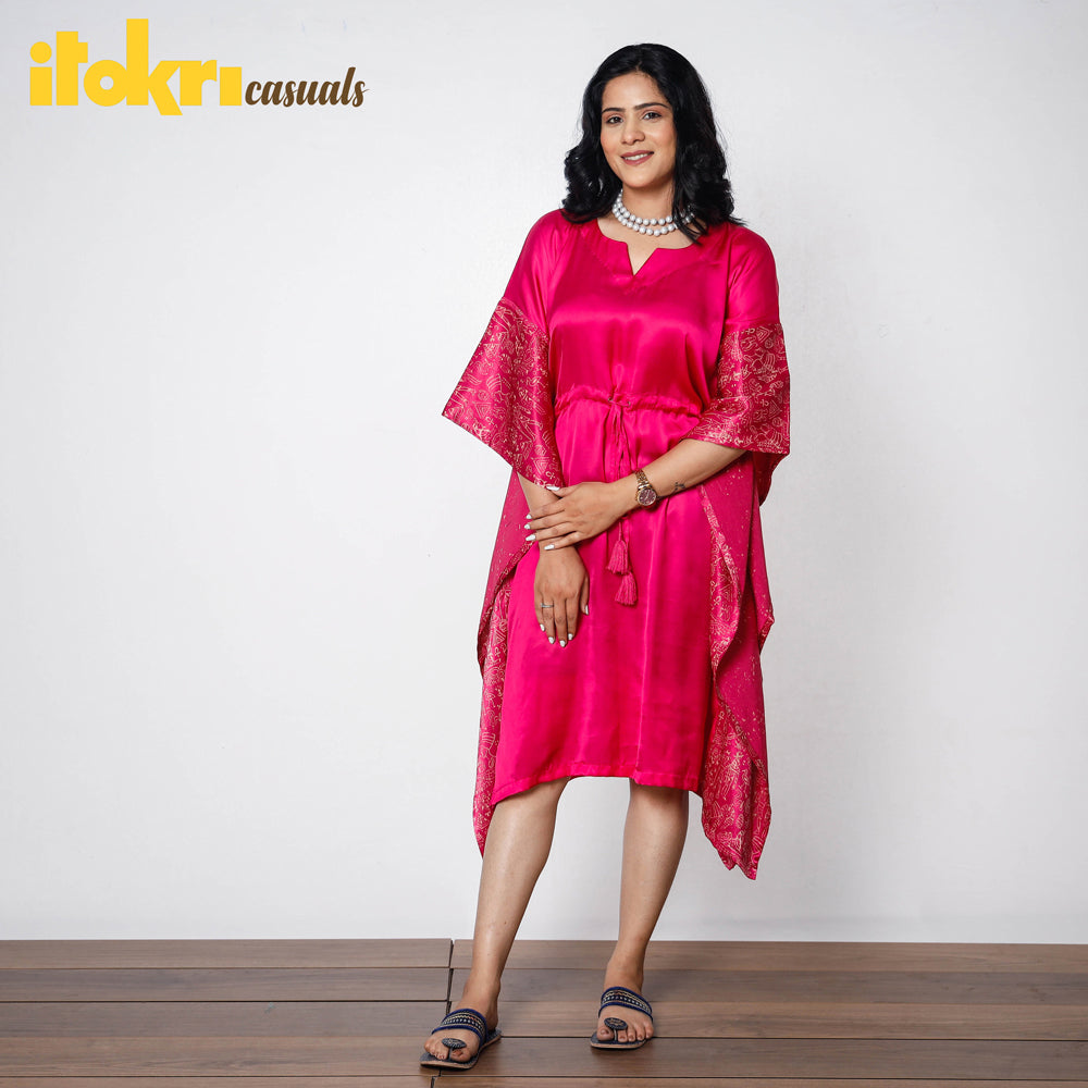 Pink - magenta mashru silk kutch printing kaftan dress