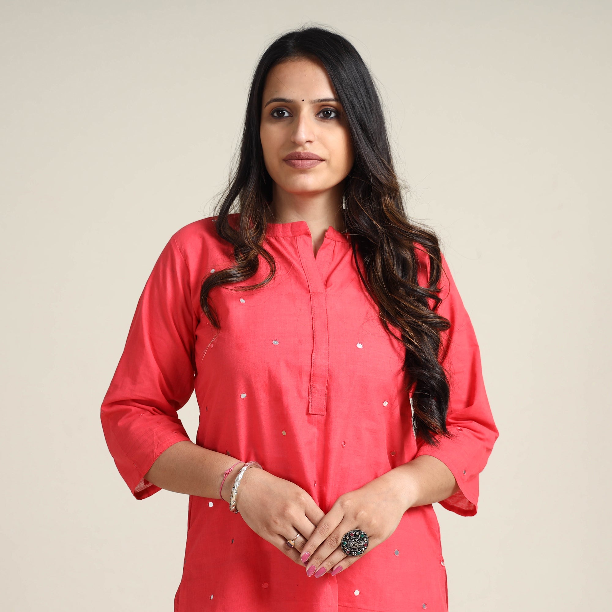 Pink - Mangalagiri Pure Handloom Cotton Mirror Work Long Kurta