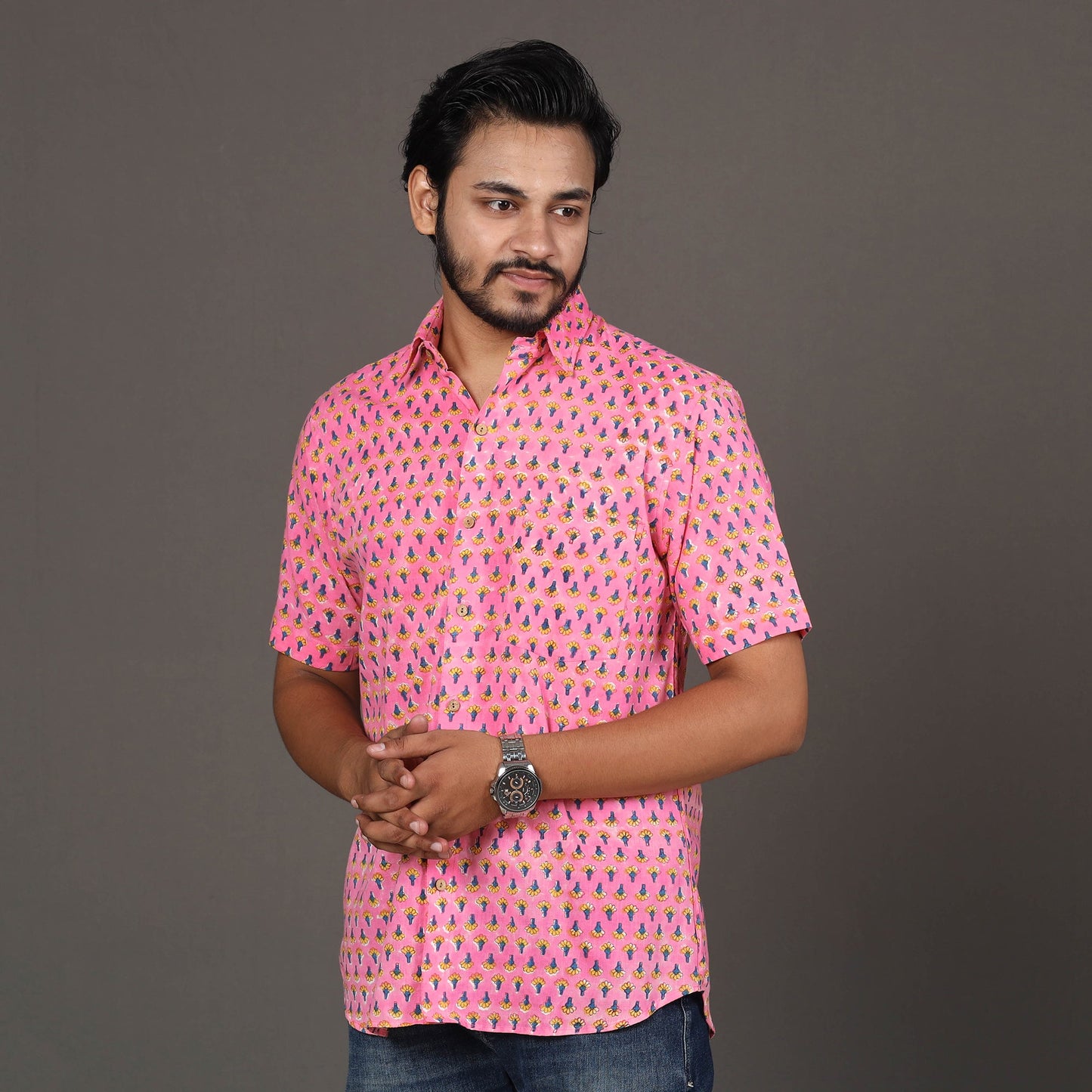 Buy Men Sanganeri Block Printed Cotton Half Sleeve Shirt Online at iTokri.com