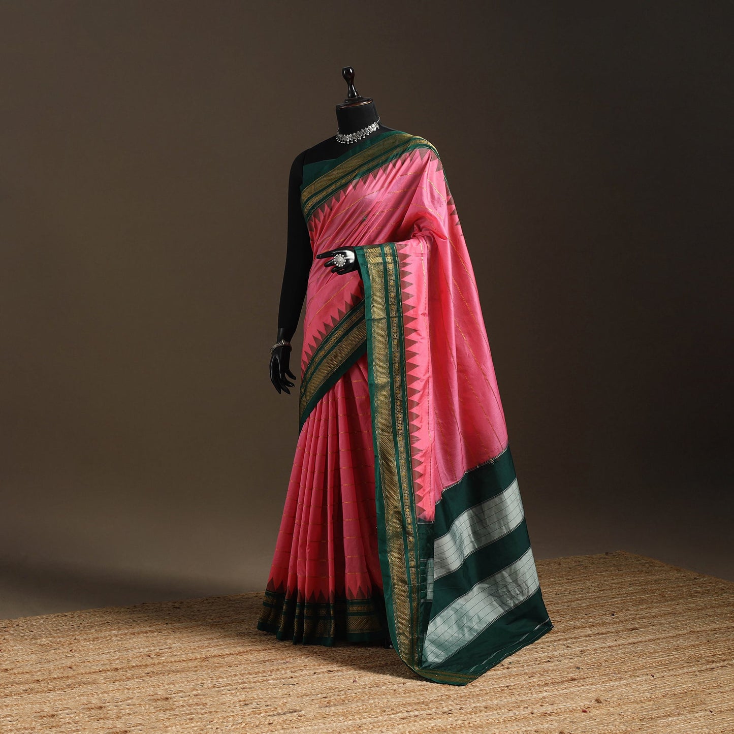 Mercerized cotton zari stripes ilkal saree with rudraksha