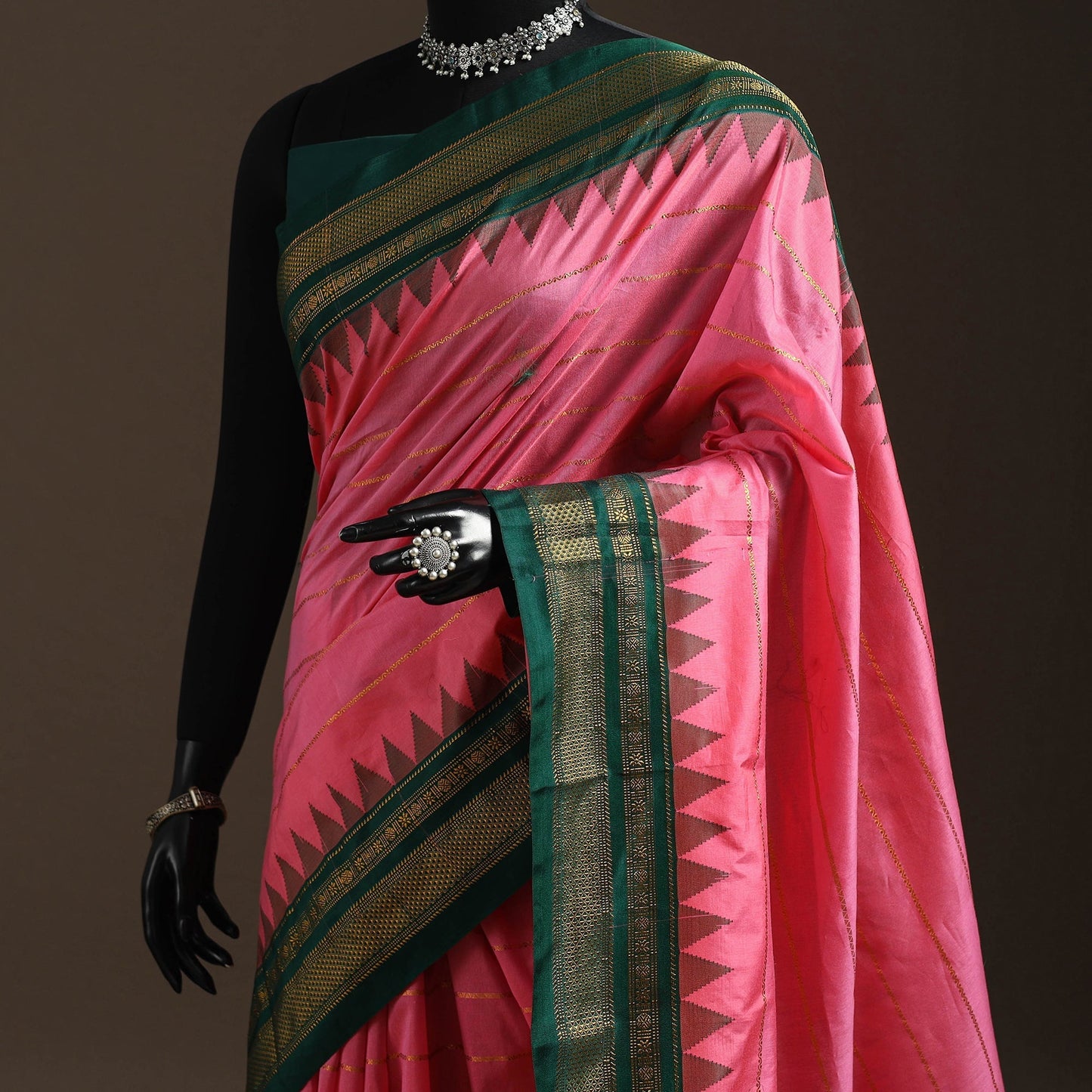 Mercerized cotton zari stripes ilkal saree with rudraksha
