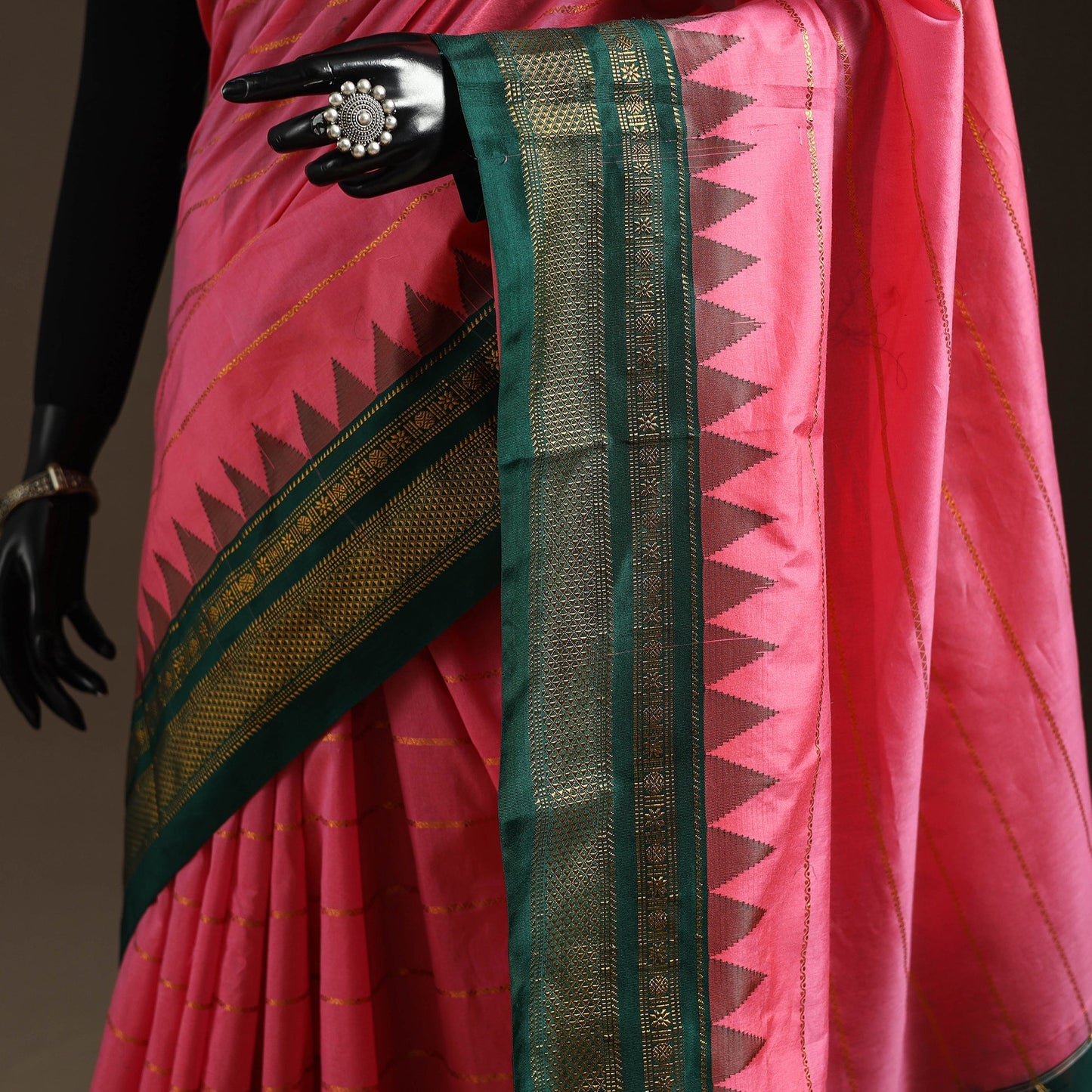 Mercerized cotton zari stripes ilkal saree with rudraksha