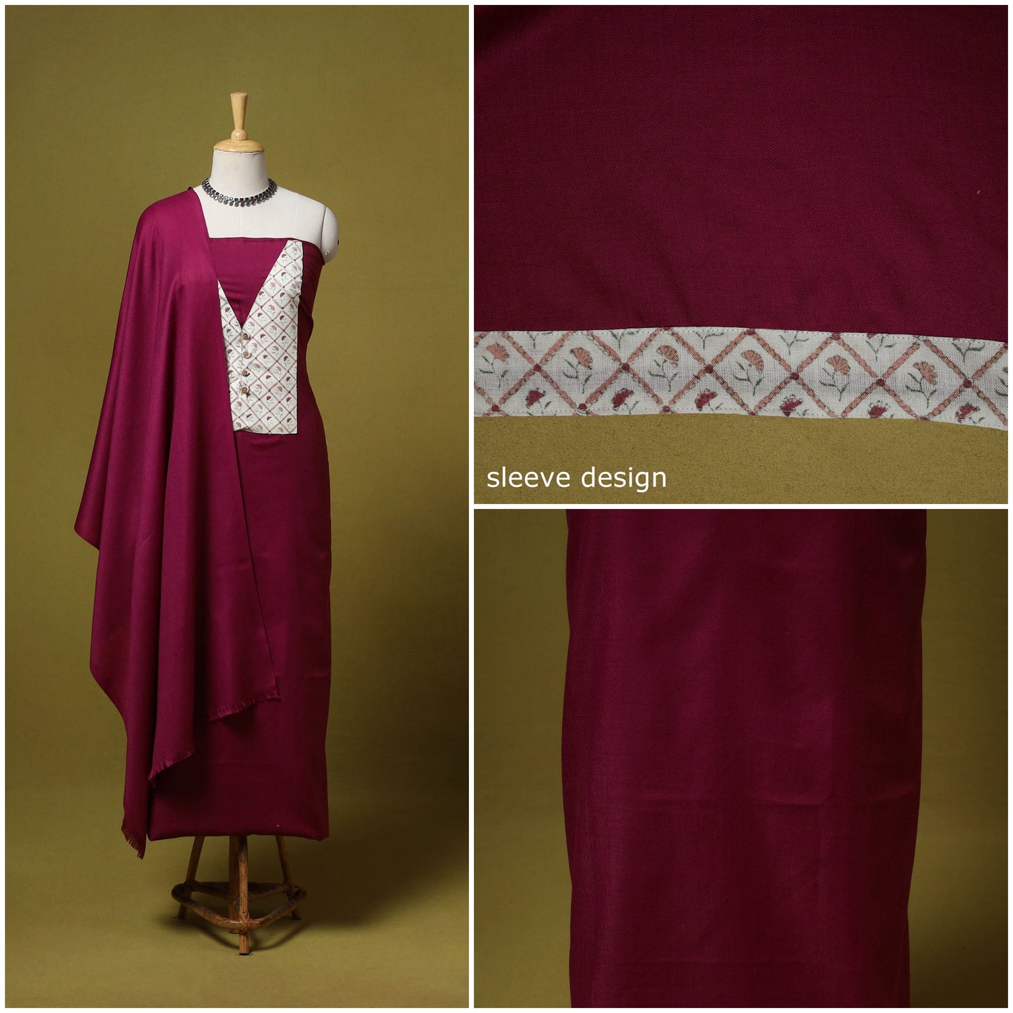 Merino wool plain 3pc unstitched dress material with patch