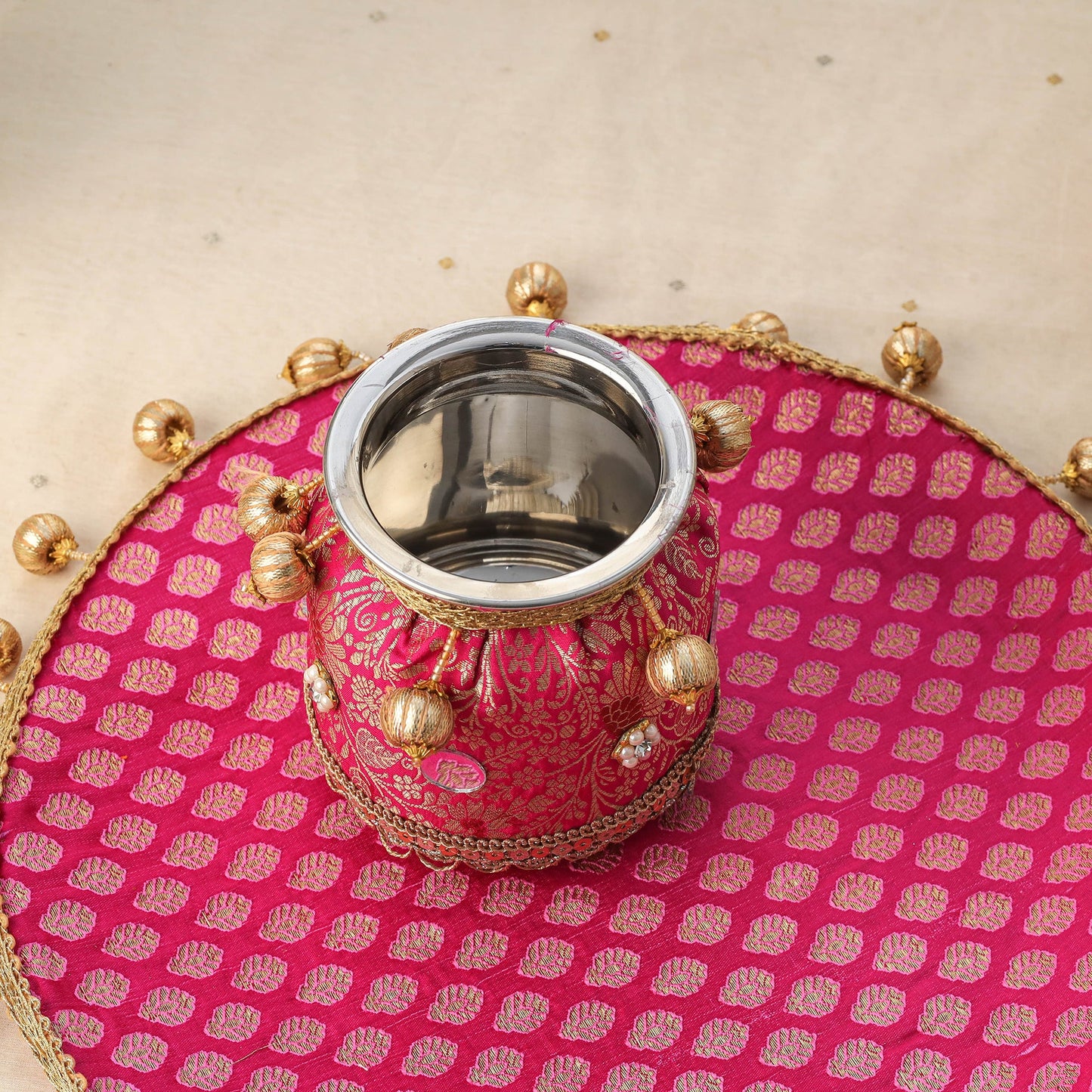 Pink mirror beads karwa chauth thali set 04 - handcrafted