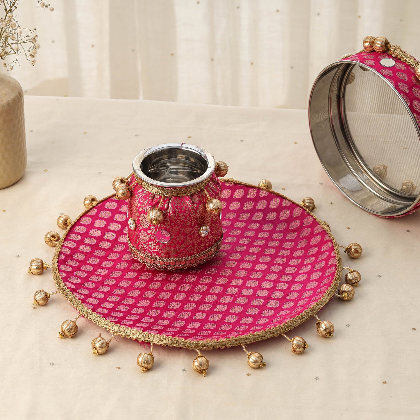 Pink mirror beads karwa chauth thali set 04 - handcrafted