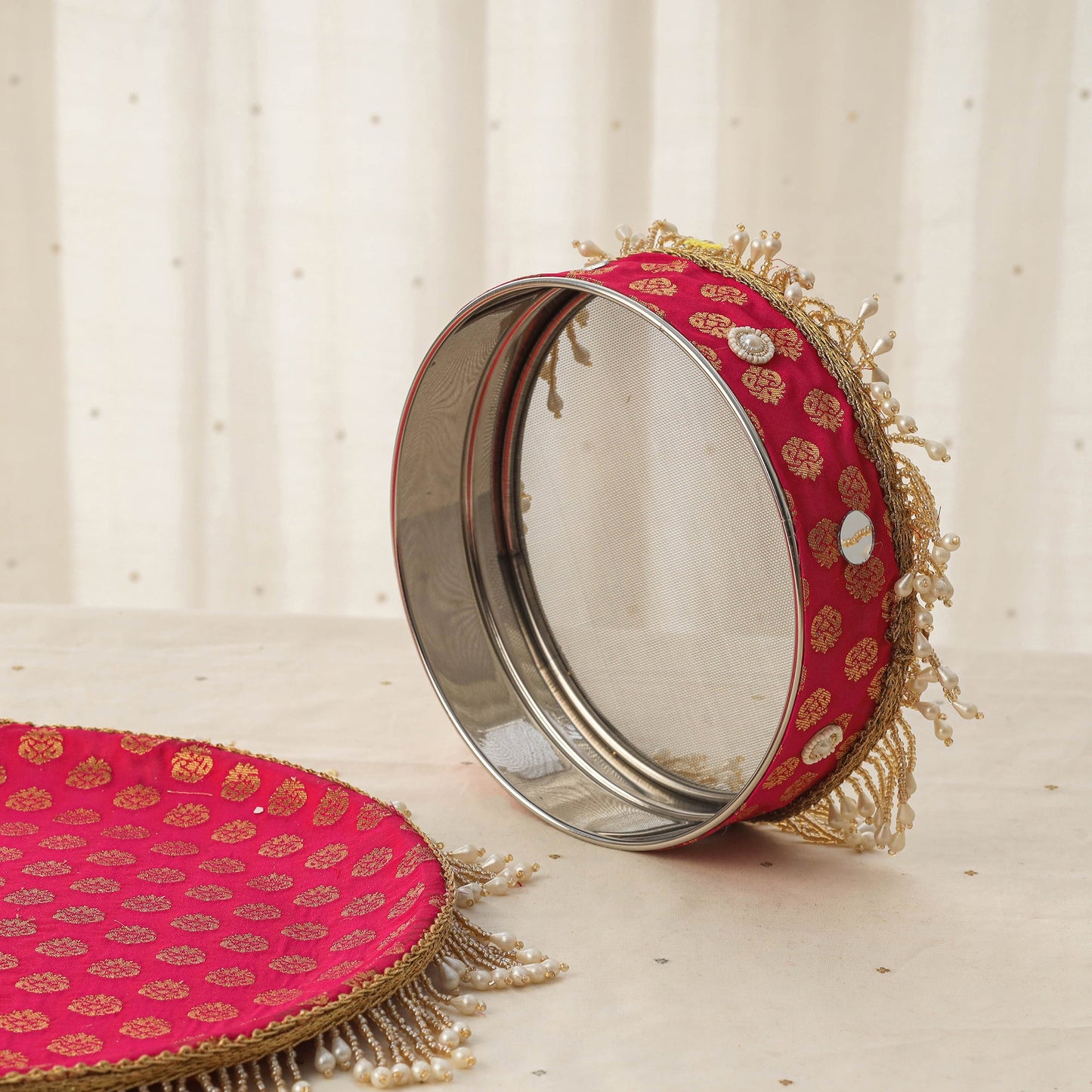 Pink mirror beads karwa chauth thali set 06 - handcrafted