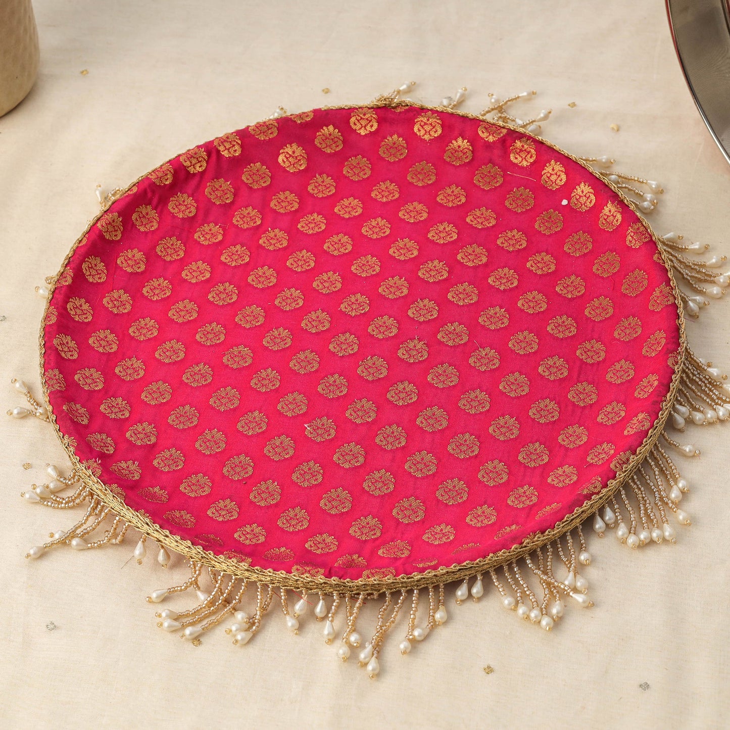 Pink mirror beads karwa chauth thali set 06 - handcrafted