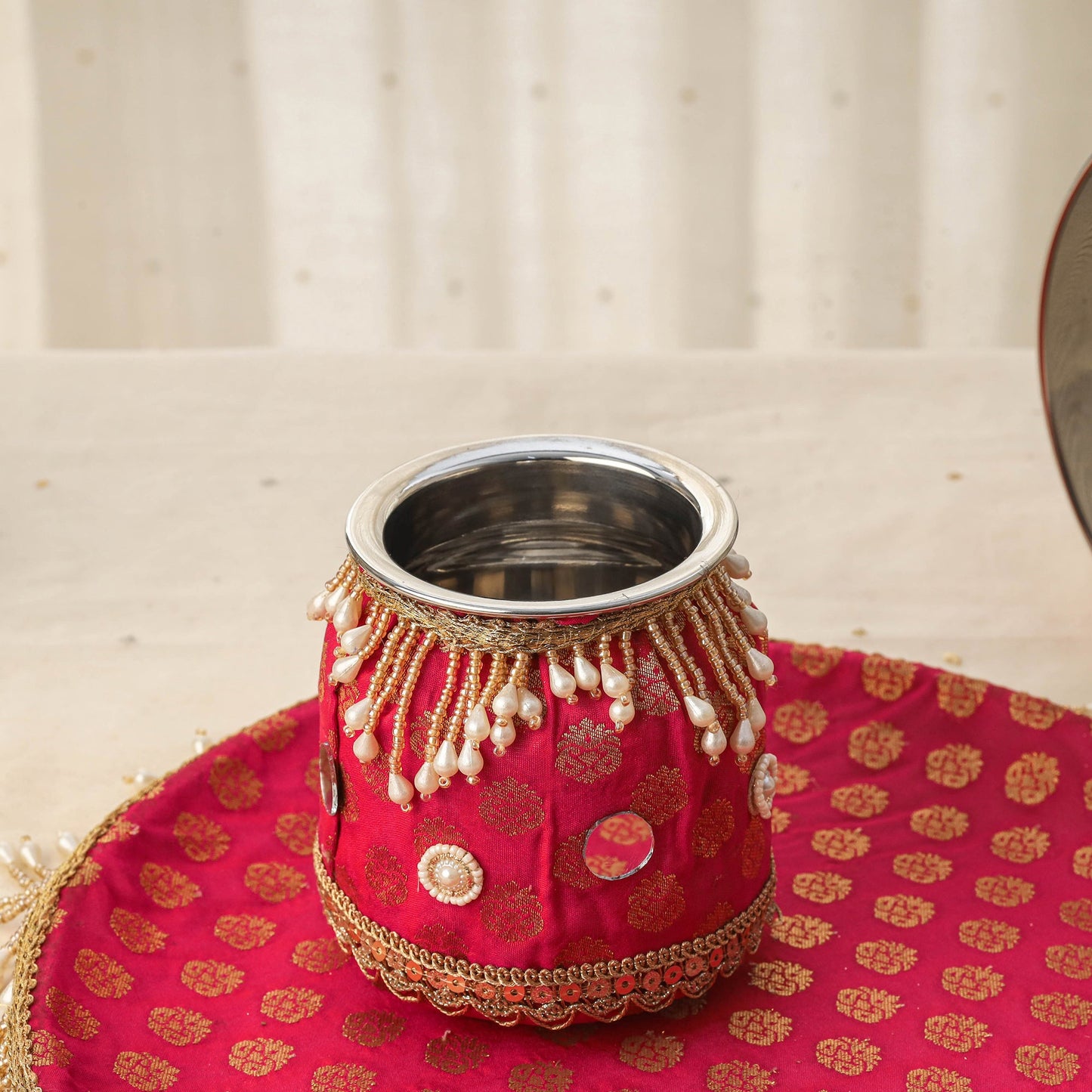 Pink mirror beads karwa chauth thali set 06 - handcrafted